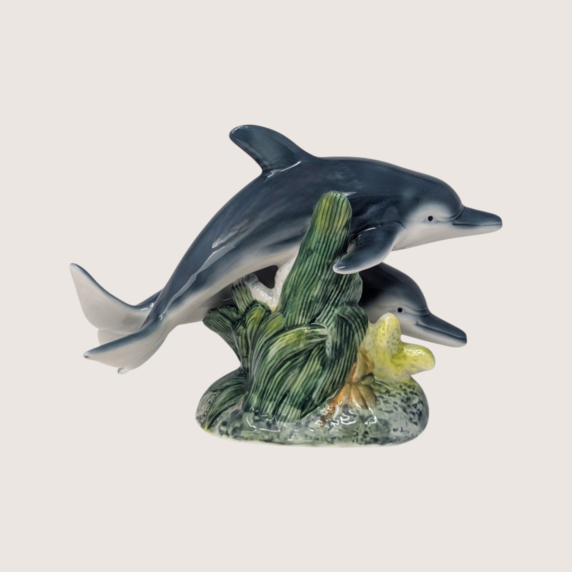1990s Ceramic Double Dolphin Coastal Style Figurine