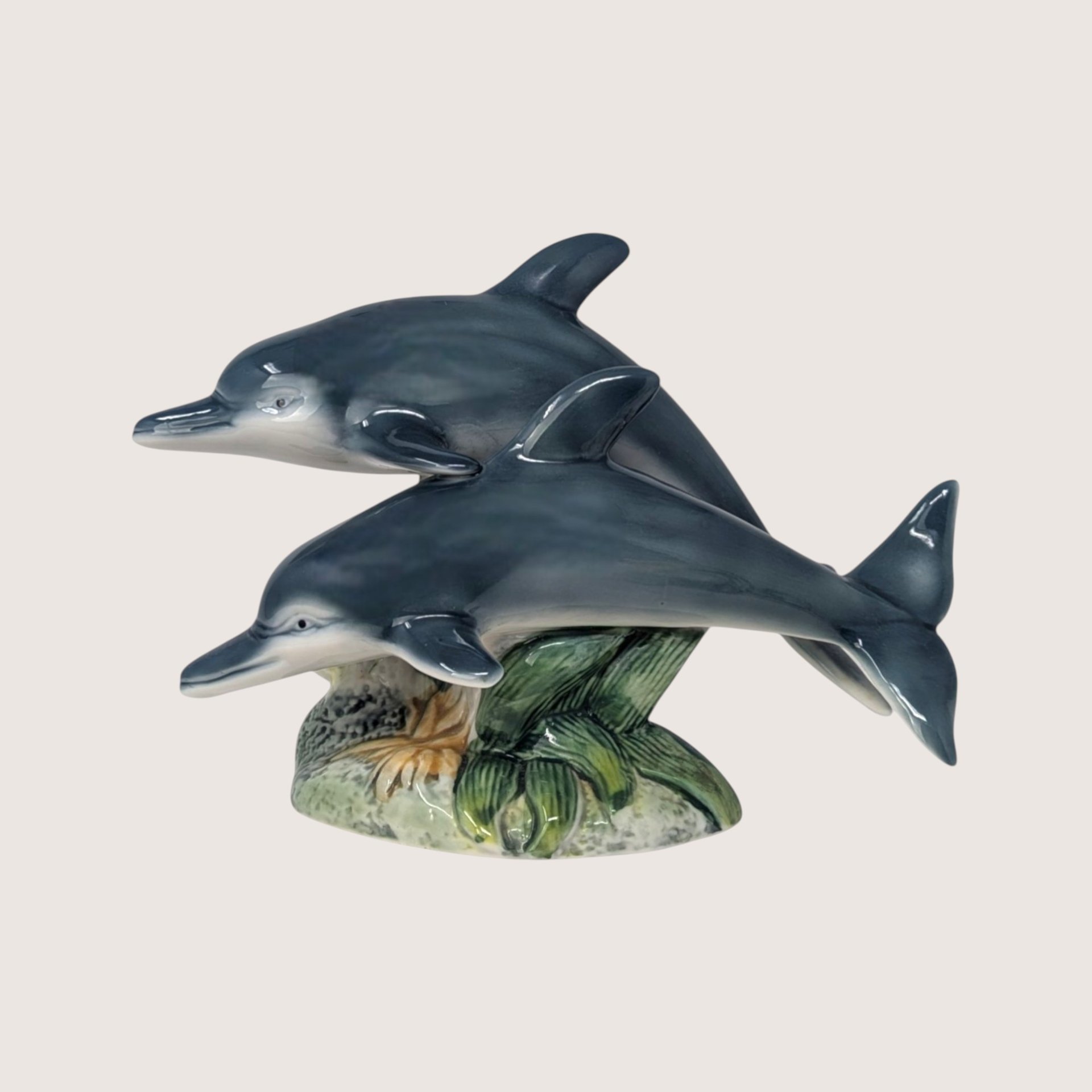 1990s Ceramic Double Dolphin Coastal Style Figurine
