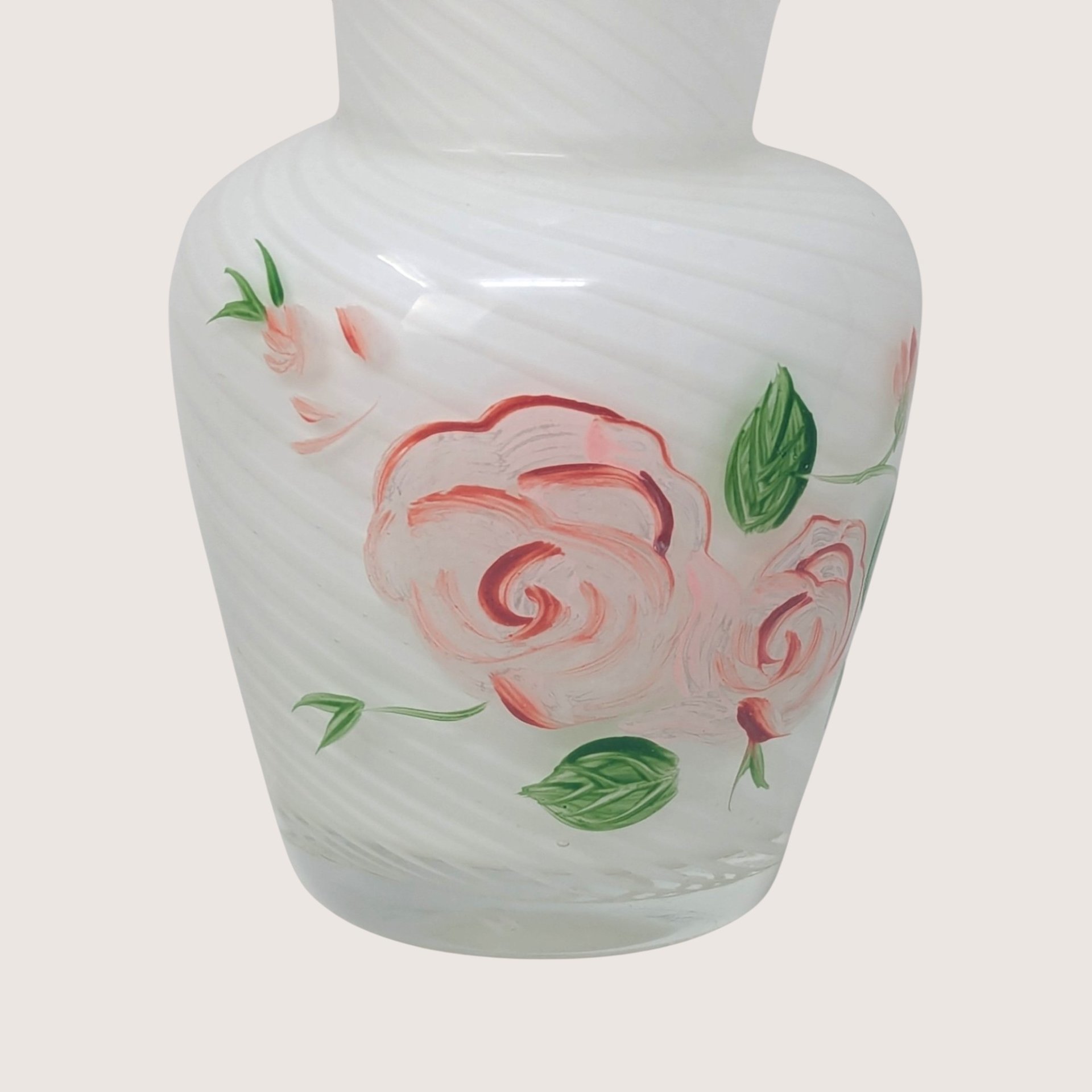 1970s Fenton Opalescent Swirl Glass Painted Rose Vase