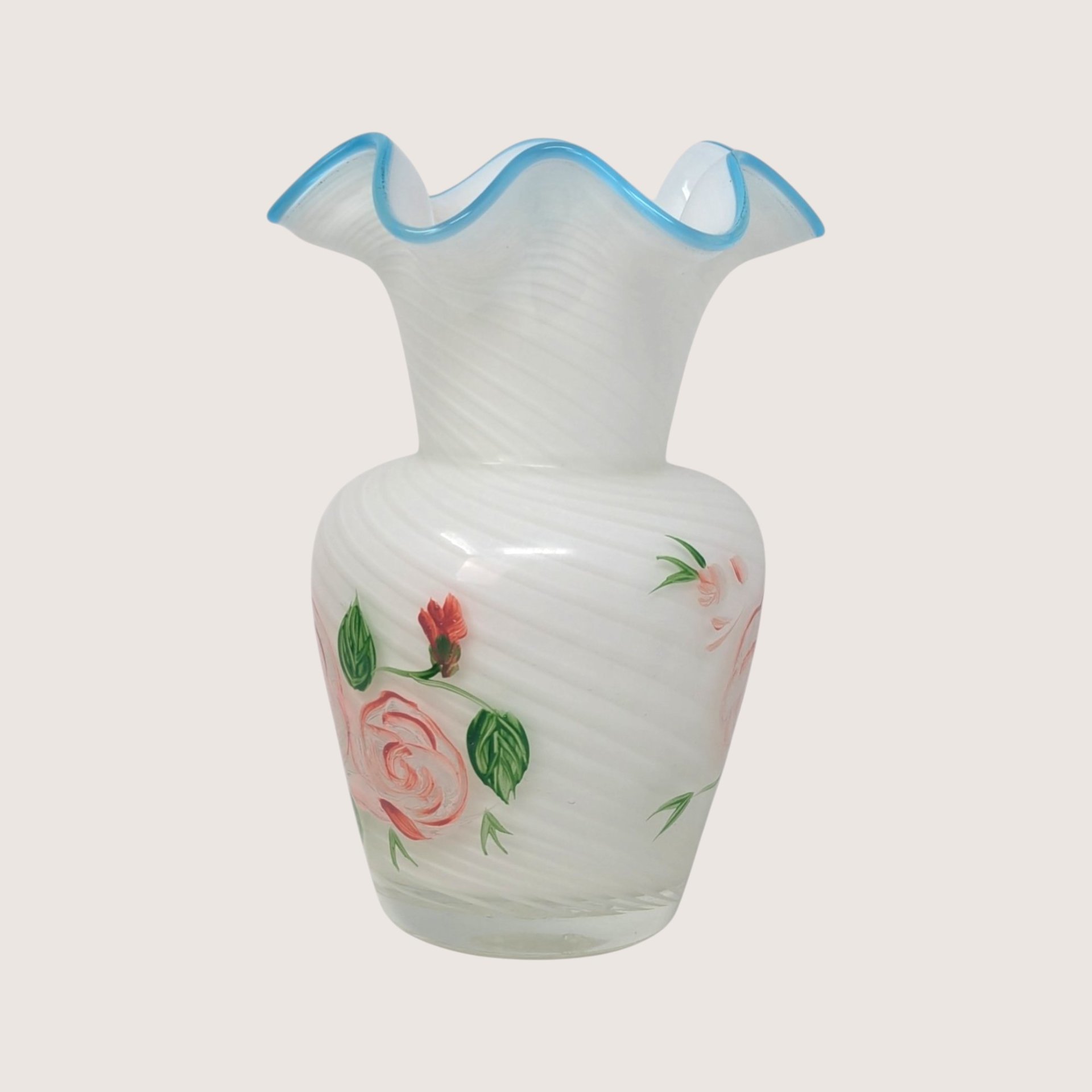 1970s Fenton Opalescent Swirl Glass Painted Rose Vase