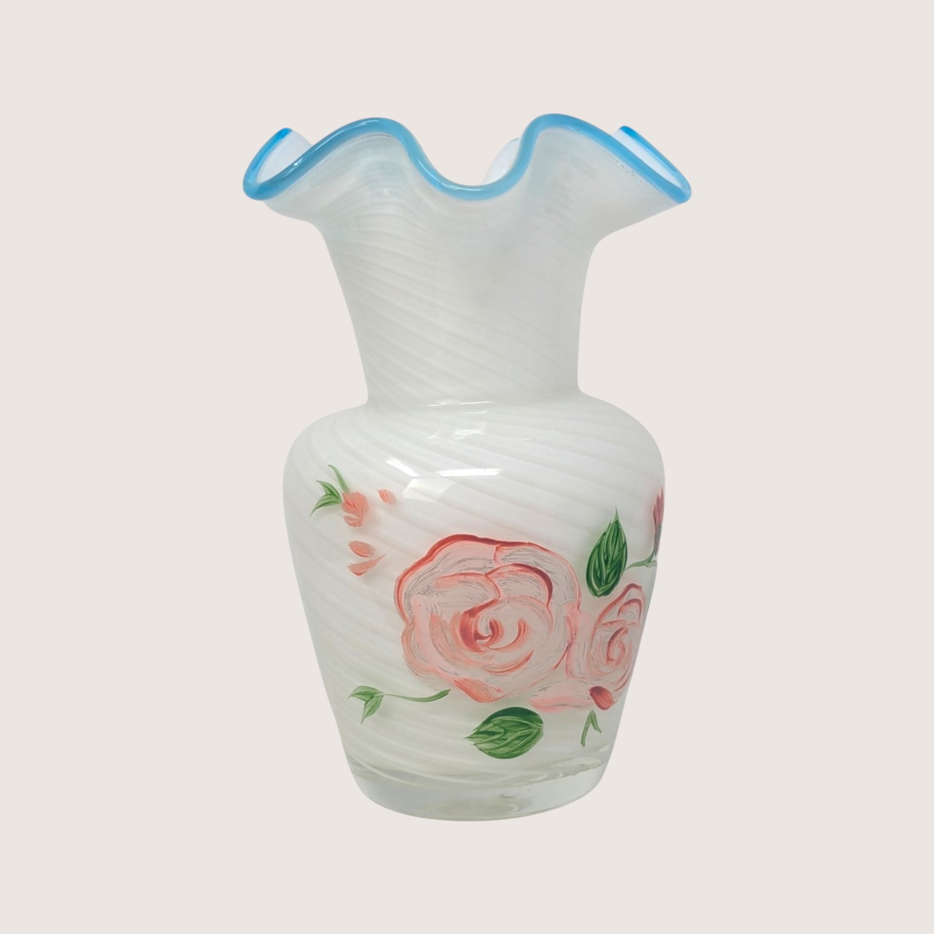 1970s Fenton Opalescent Swirl Glass Painted Rose Vase