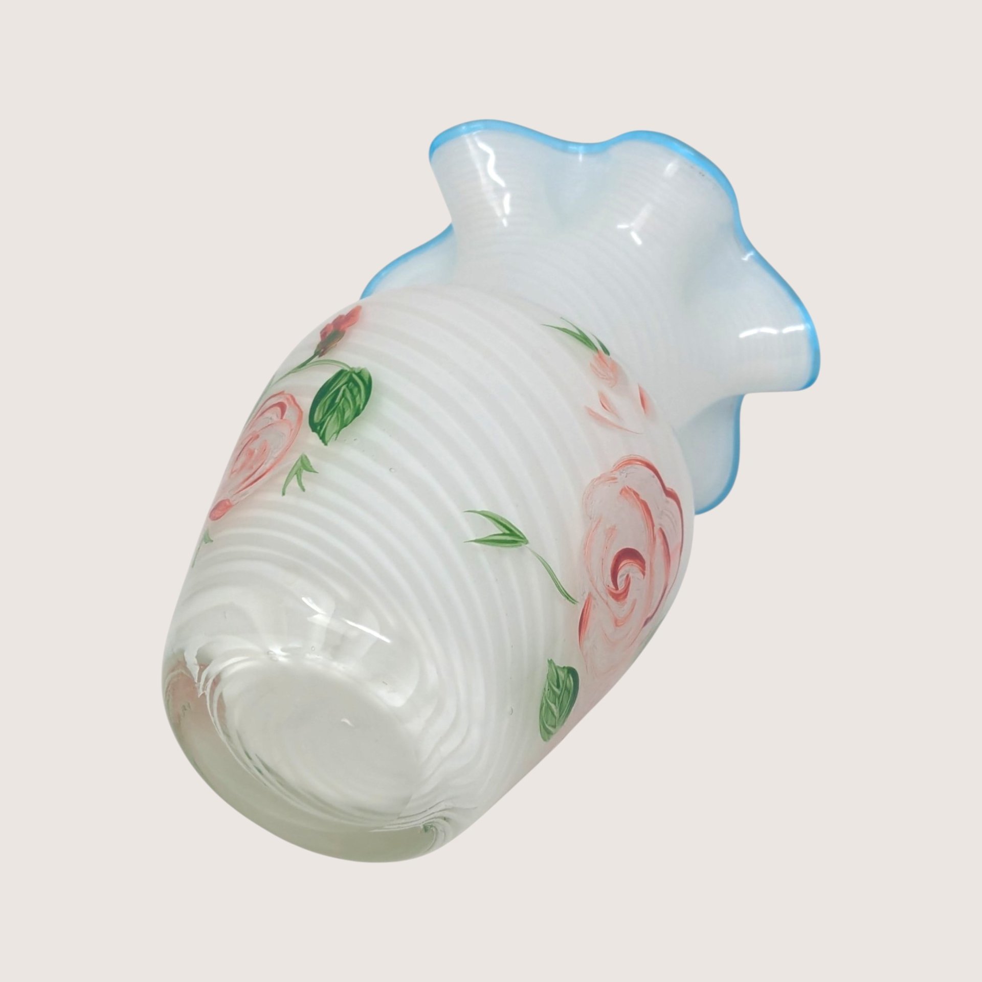 1970s Fenton Opalescent Swirl Glass Painted Rose Vase