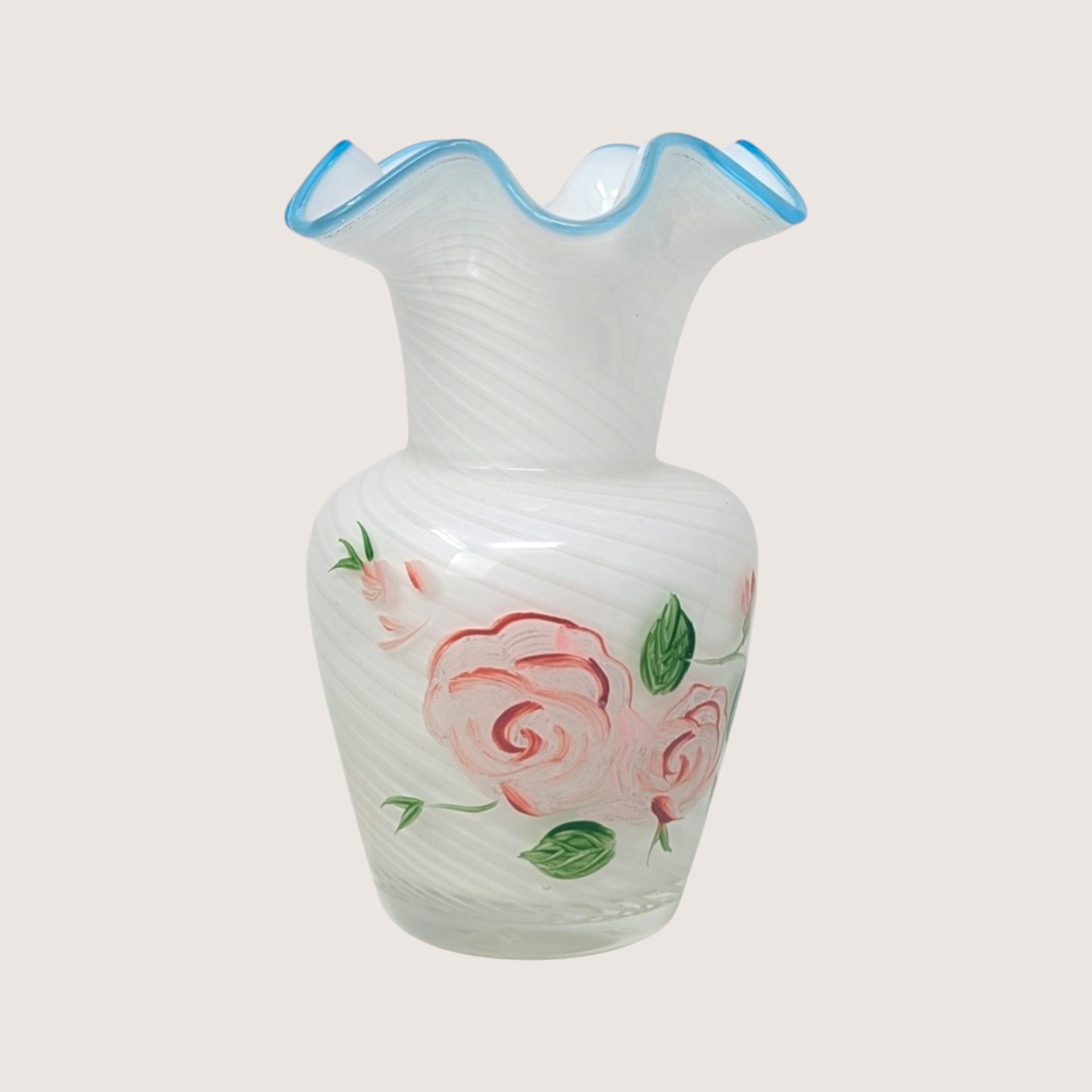 1970s Fenton Opalescent Swirl Glass Painted Rose Vase