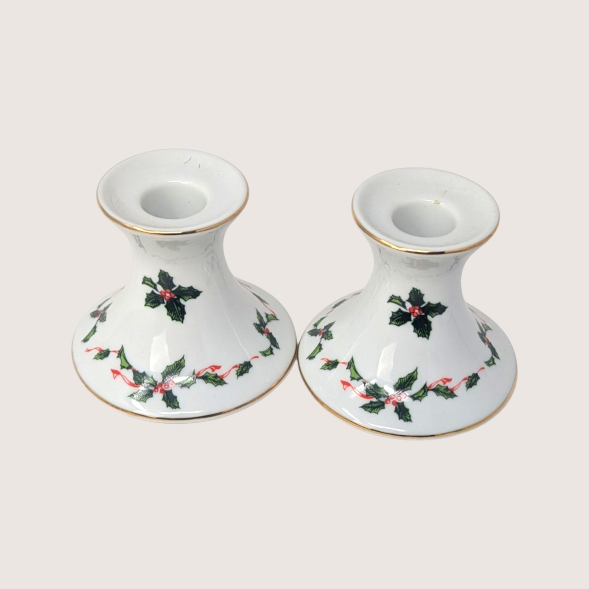 1980s Lefton Ceramic Holly Berry Candlestick Holder Pair