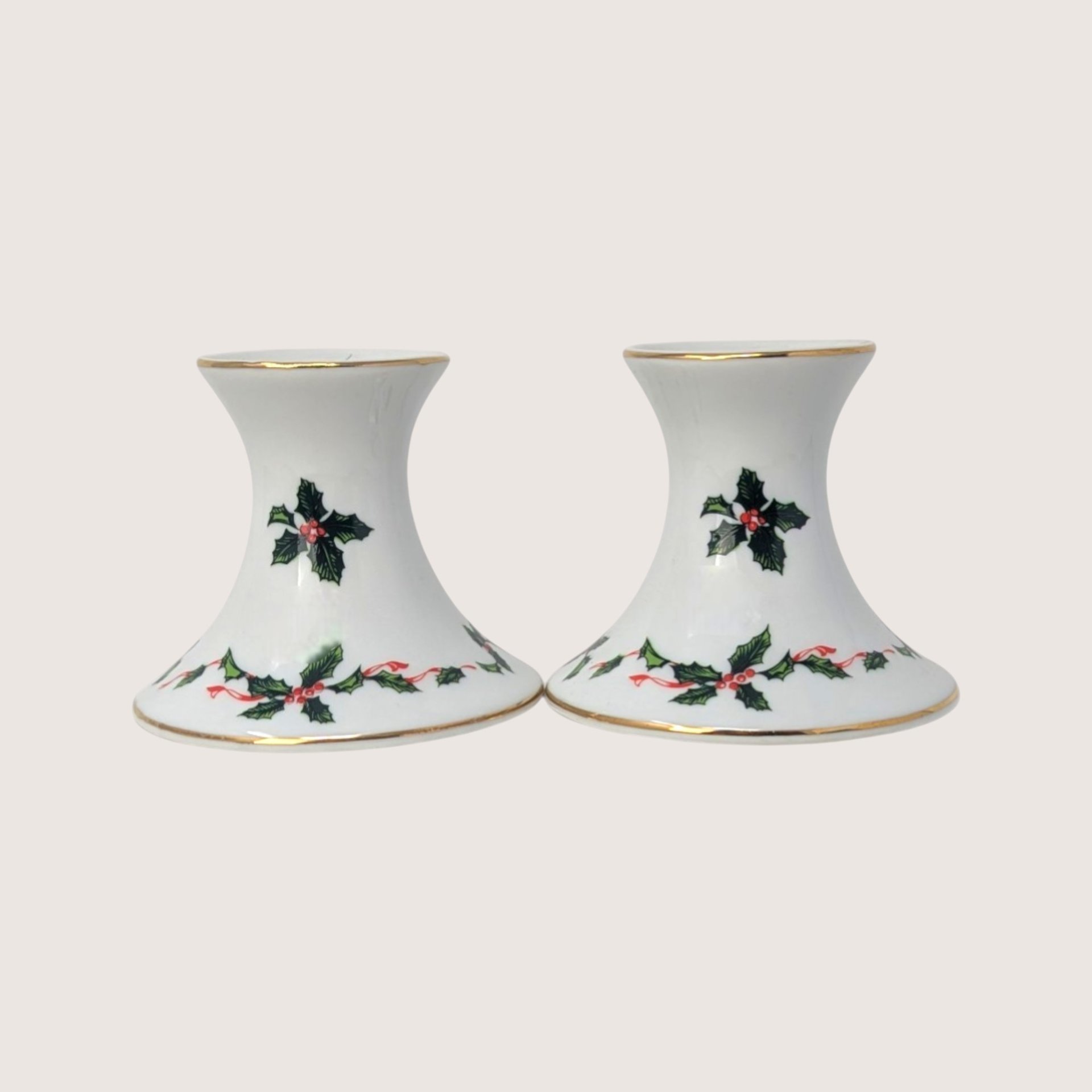 1980s Lefton Ceramic Holly Berry Candlestick Holder Pair