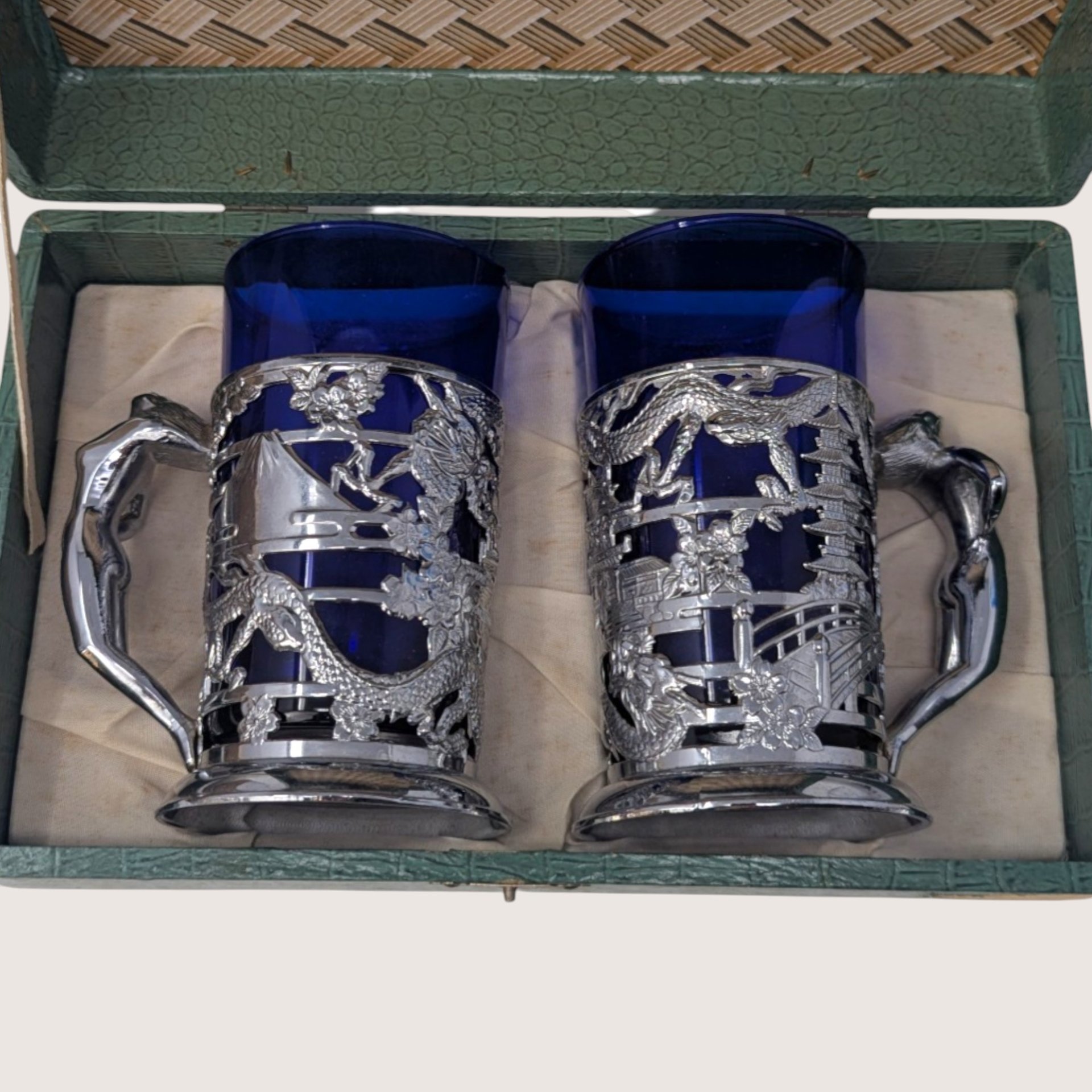1950s Japanese Silver Plated Tankards with Cobalt Glass
