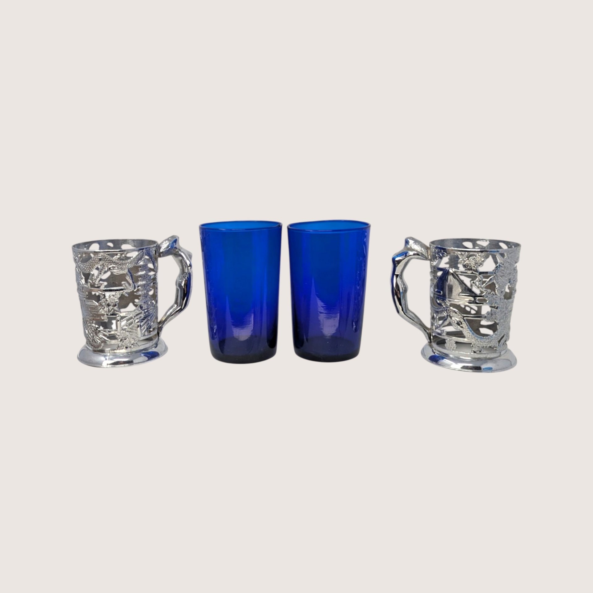 1950s Japanese Silver Plated Tankards with Cobalt Glass