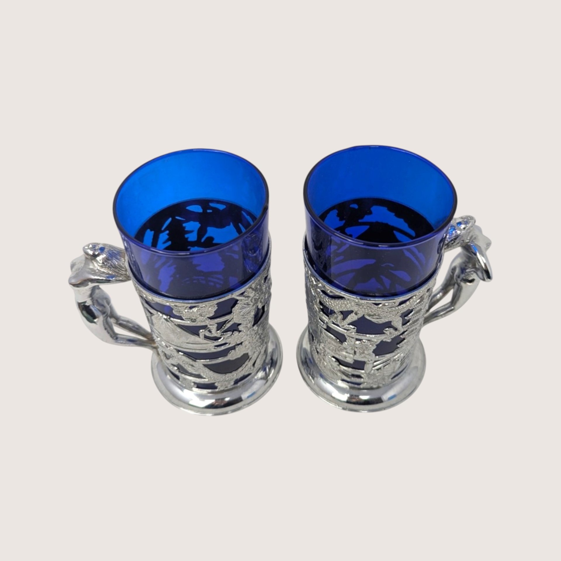 1950s Japanese Silver Plated Tankards with Cobalt Glass
