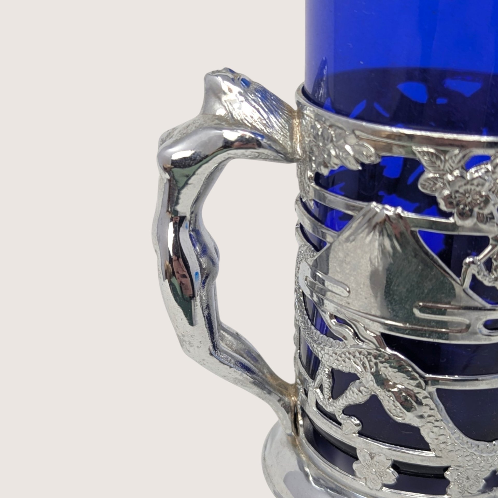1950s Japanese Silver Plated Tankards with Cobalt Glass