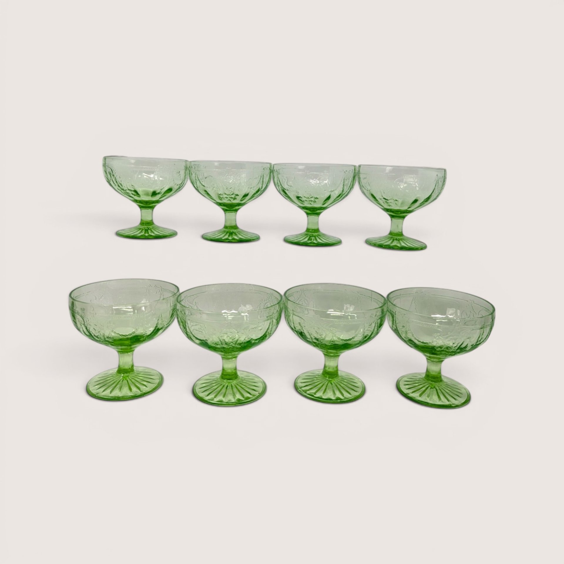 1930 Hocking Glass Cameo Green Depression Glass Sherbet Glasses Set of 8