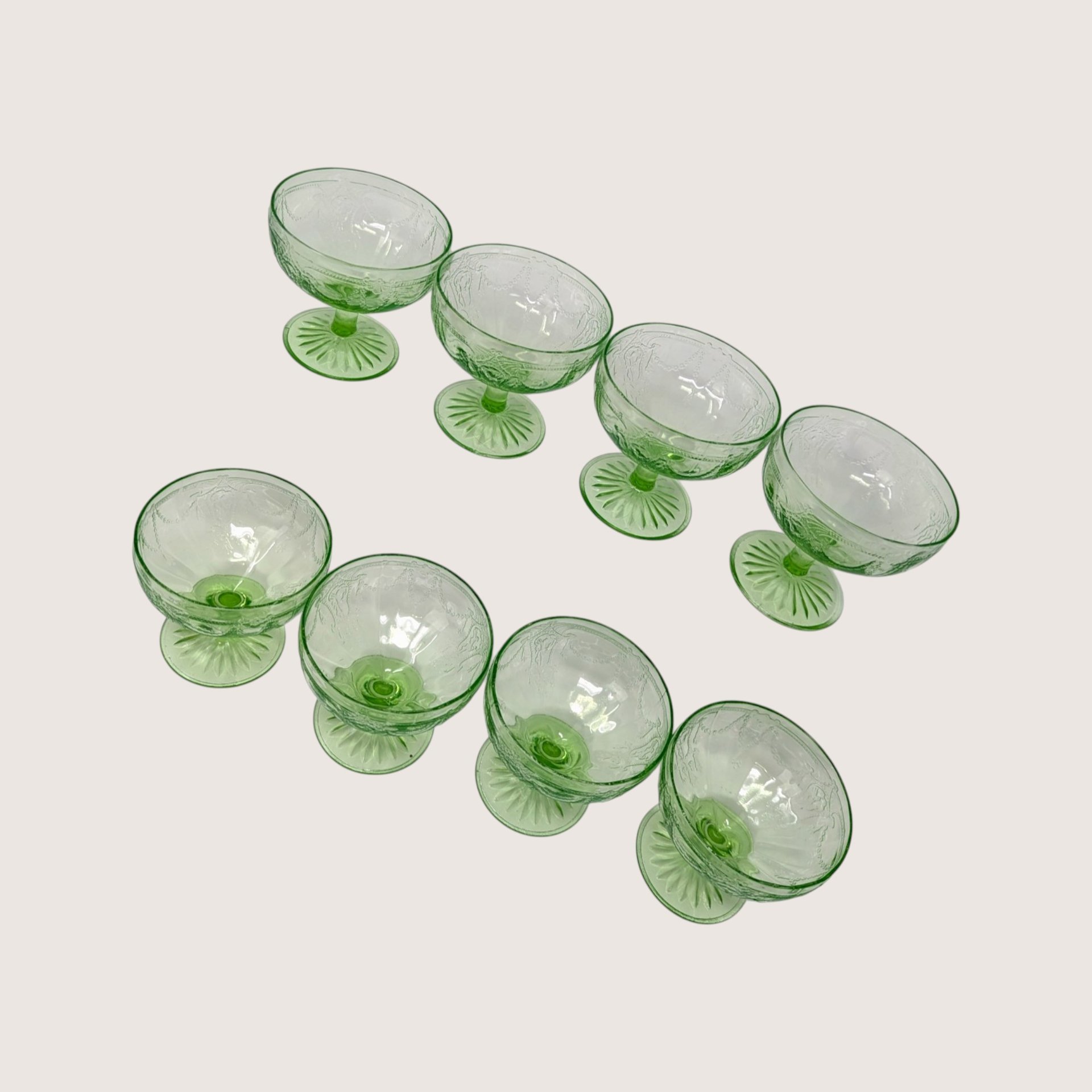 1930 Hocking Glass Cameo Green Depression Glass Sherbet Glasses Set of 8