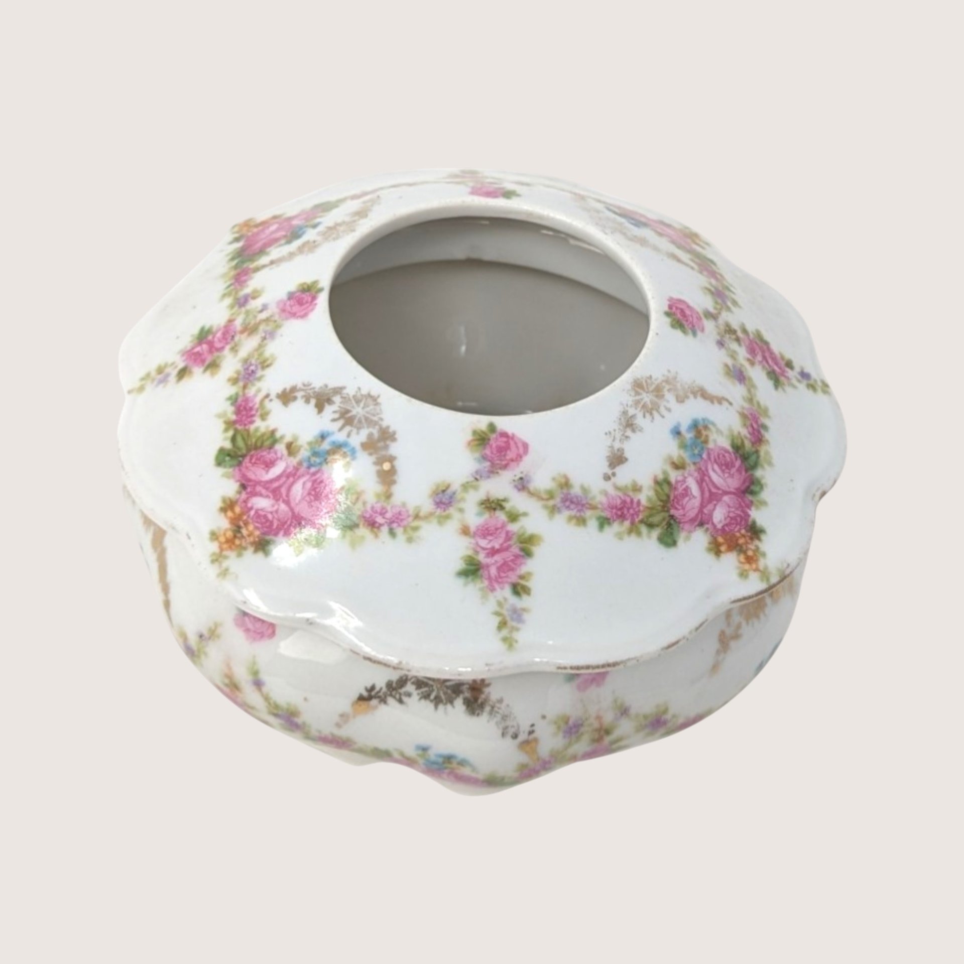 Antique M.Z. Austria Porcelain Hair Receiver with Pink Floral Swags