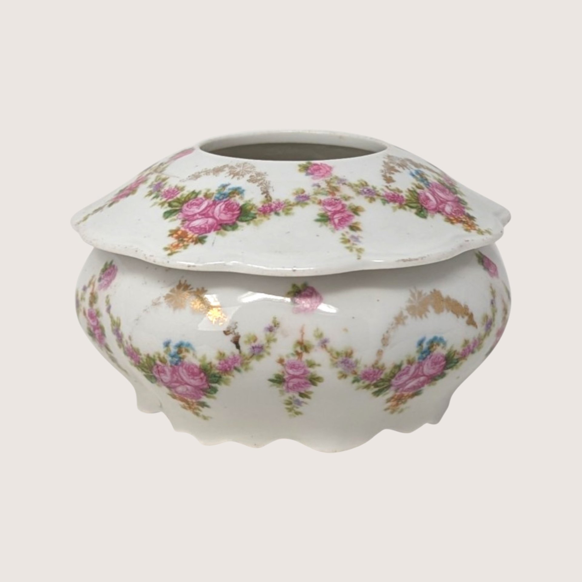 Antique M.Z. Austria Porcelain Hair Receiver with Pink Floral Swags