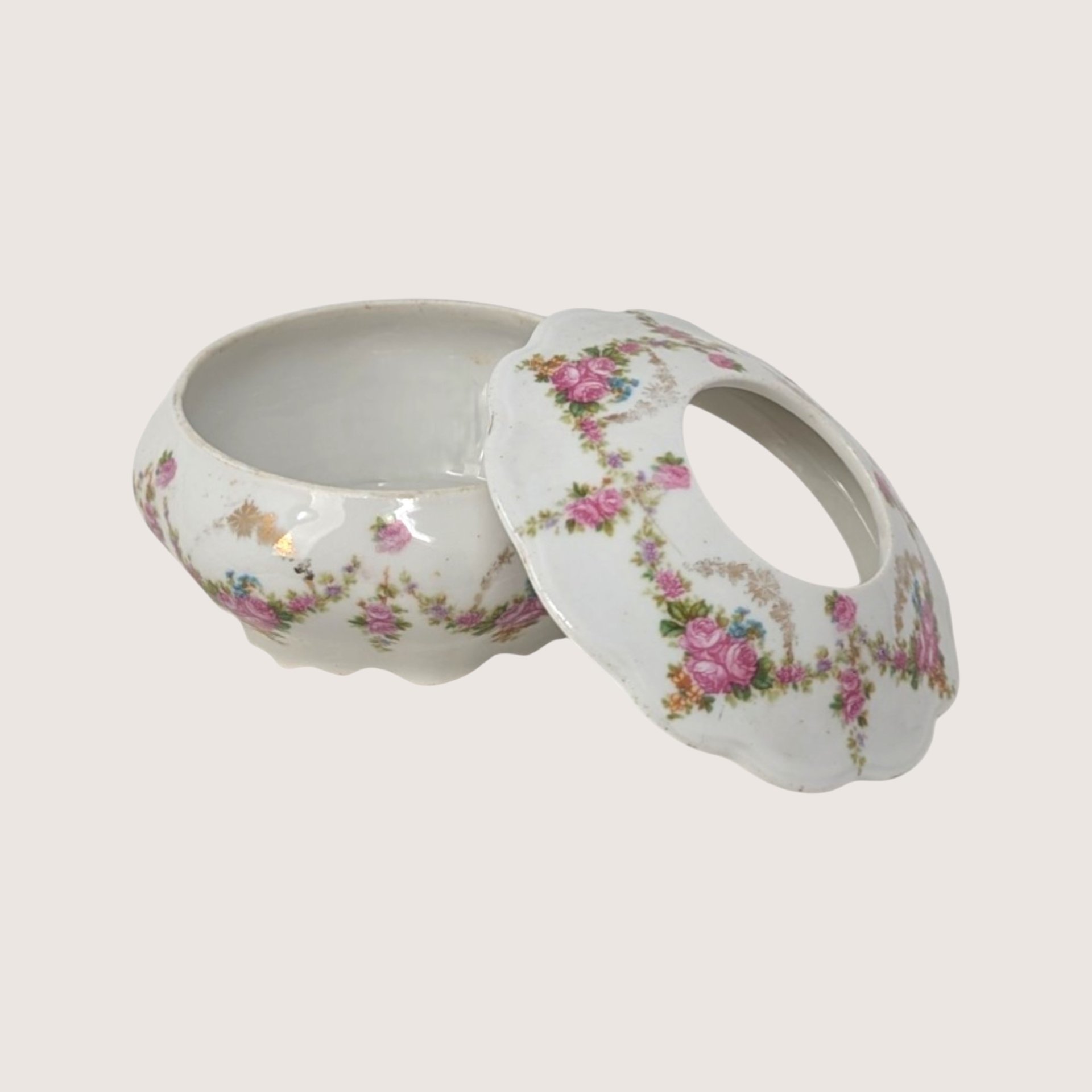Antique M.Z. Austria Porcelain Hair Receiver with Pink Floral Swags
