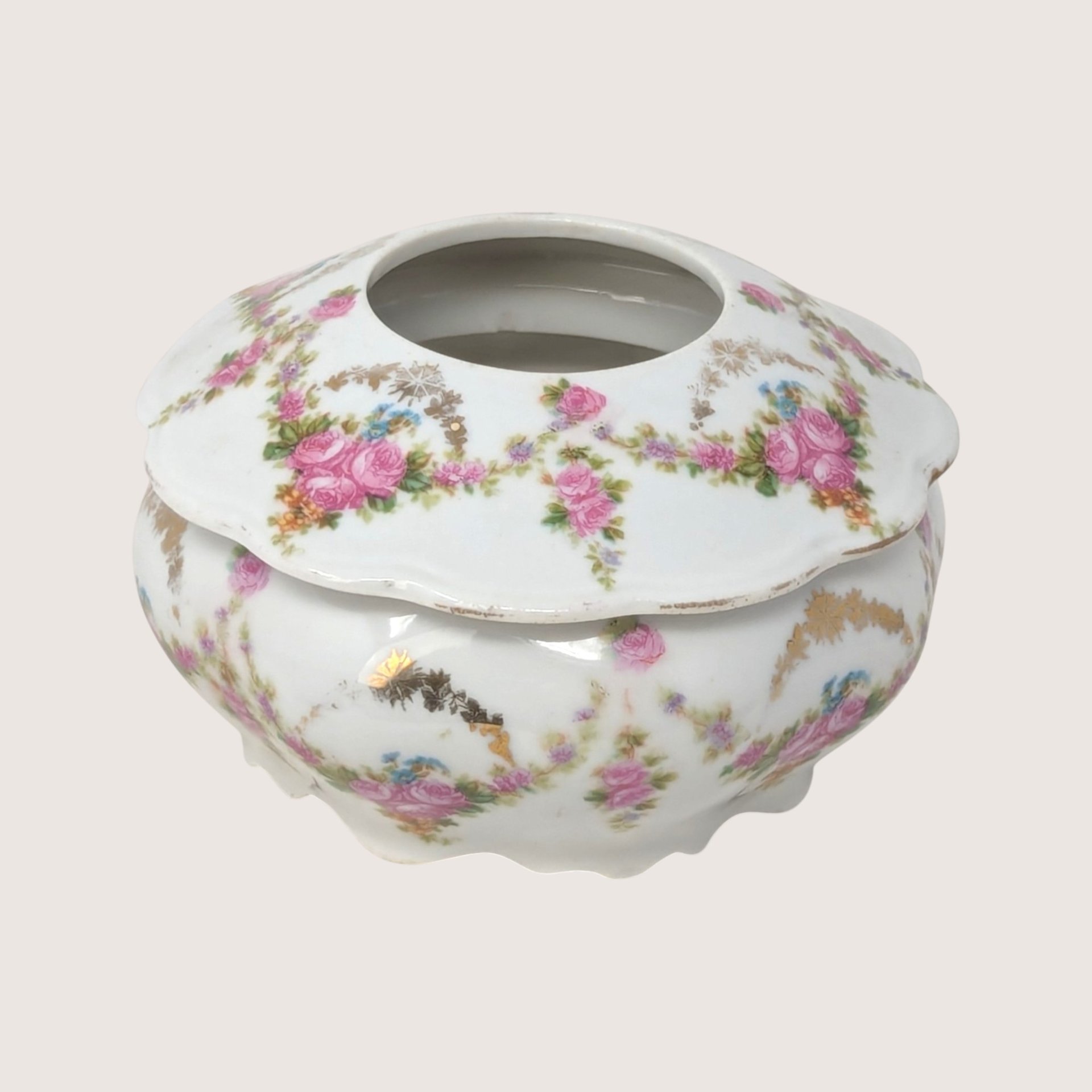 Antique M.Z. Austria Porcelain Hair Receiver with Pink Floral Swags