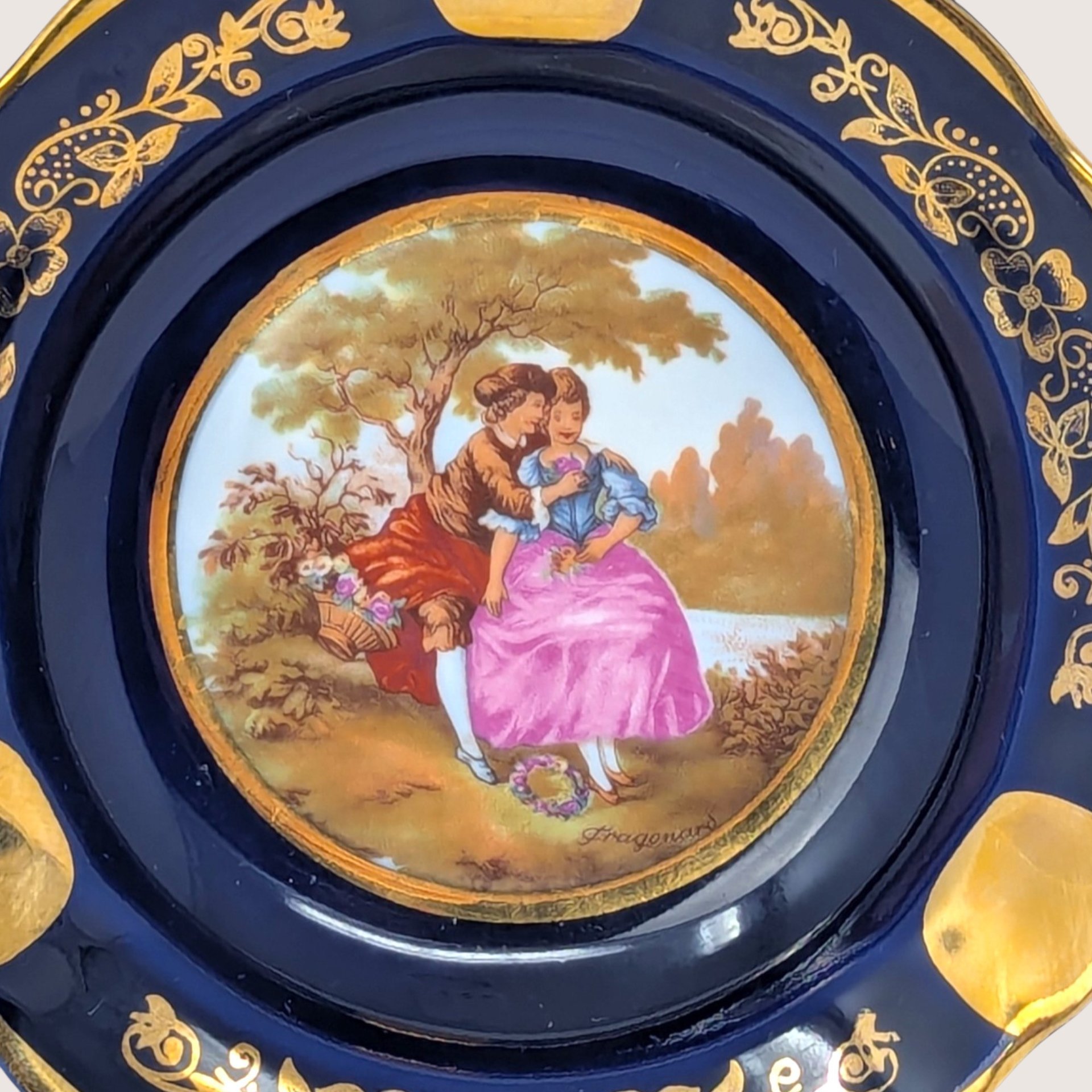 Vintage Limoges Cobalt Blue Porcelain Ashtray Gilded Romantic Scene