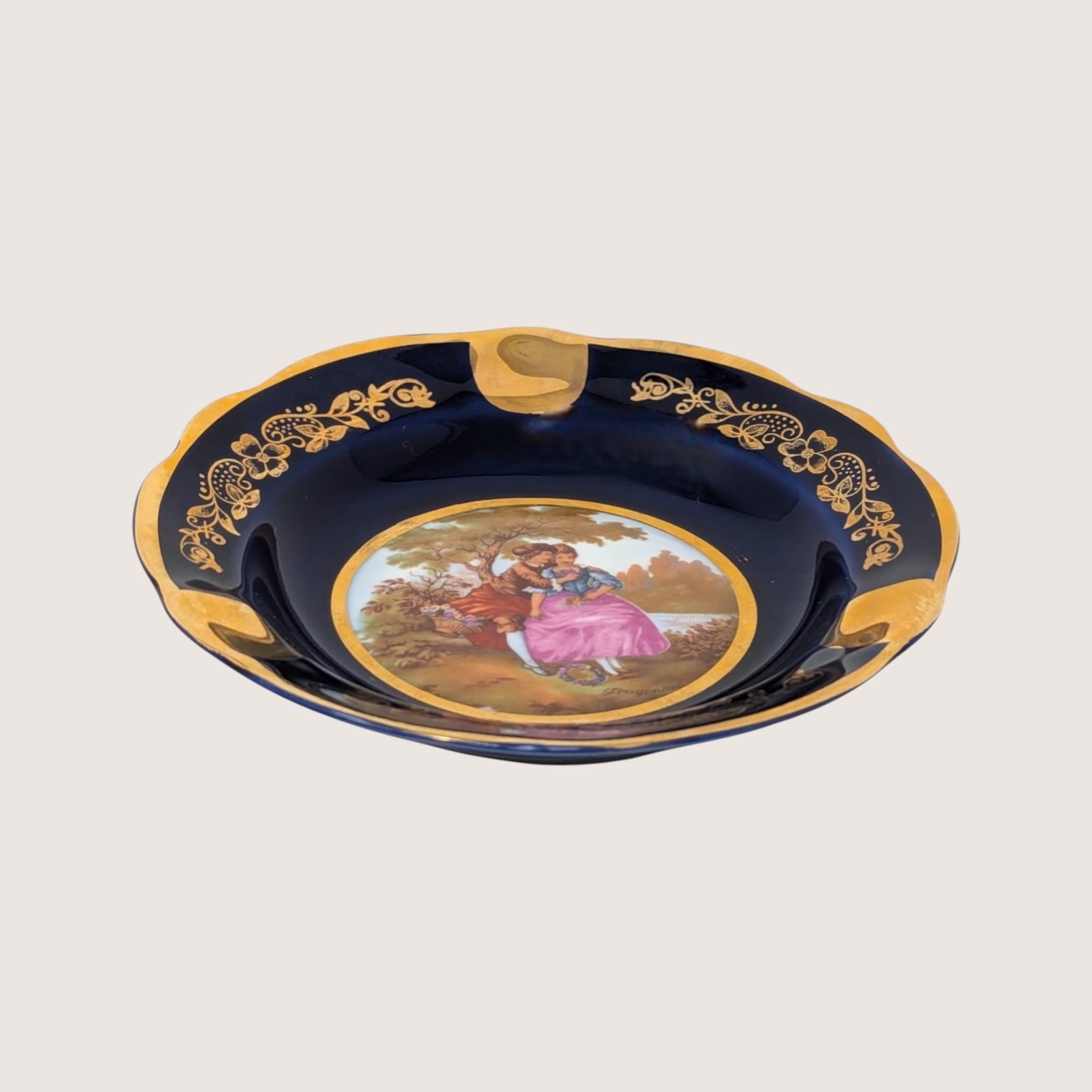 Vintage Limoges Cobalt Blue Porcelain Ashtray Gilded Romantic Scene