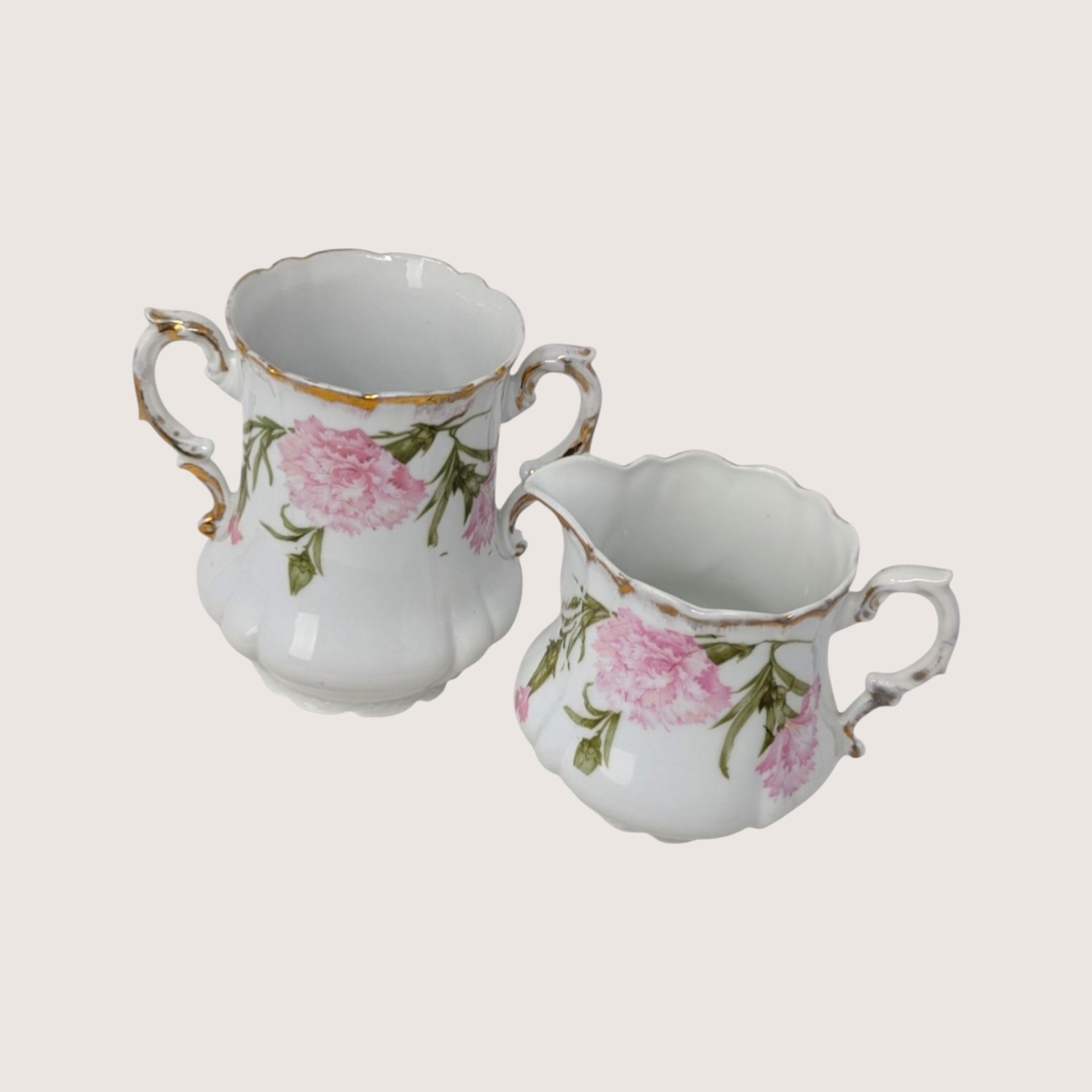 1910s Royal Bavarian PM Porcelain Creamer Sugar Bowl Pink Floral Set