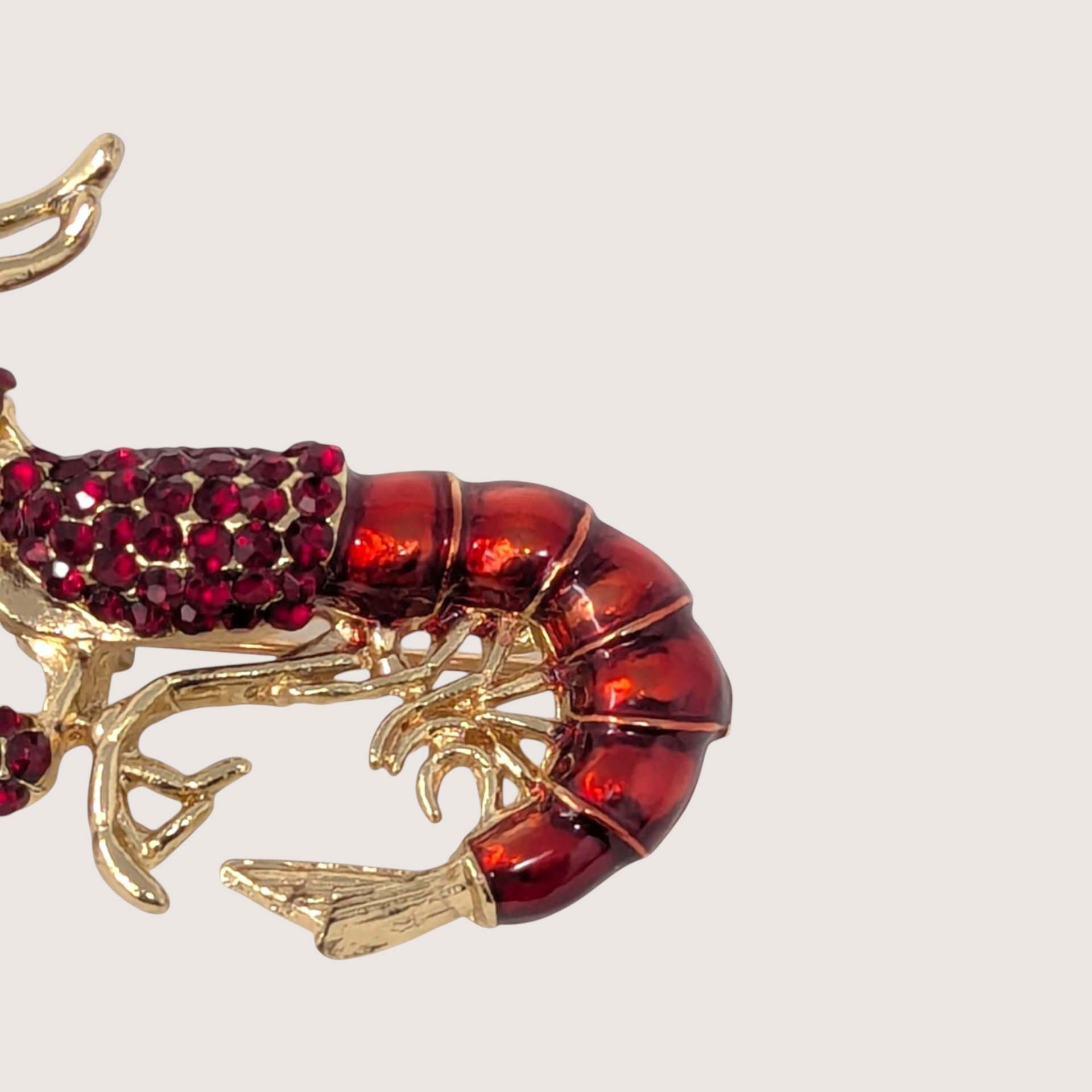 1980s Red Rhinestone Lobster Brooch Gold Tone Nautical Figural Pin