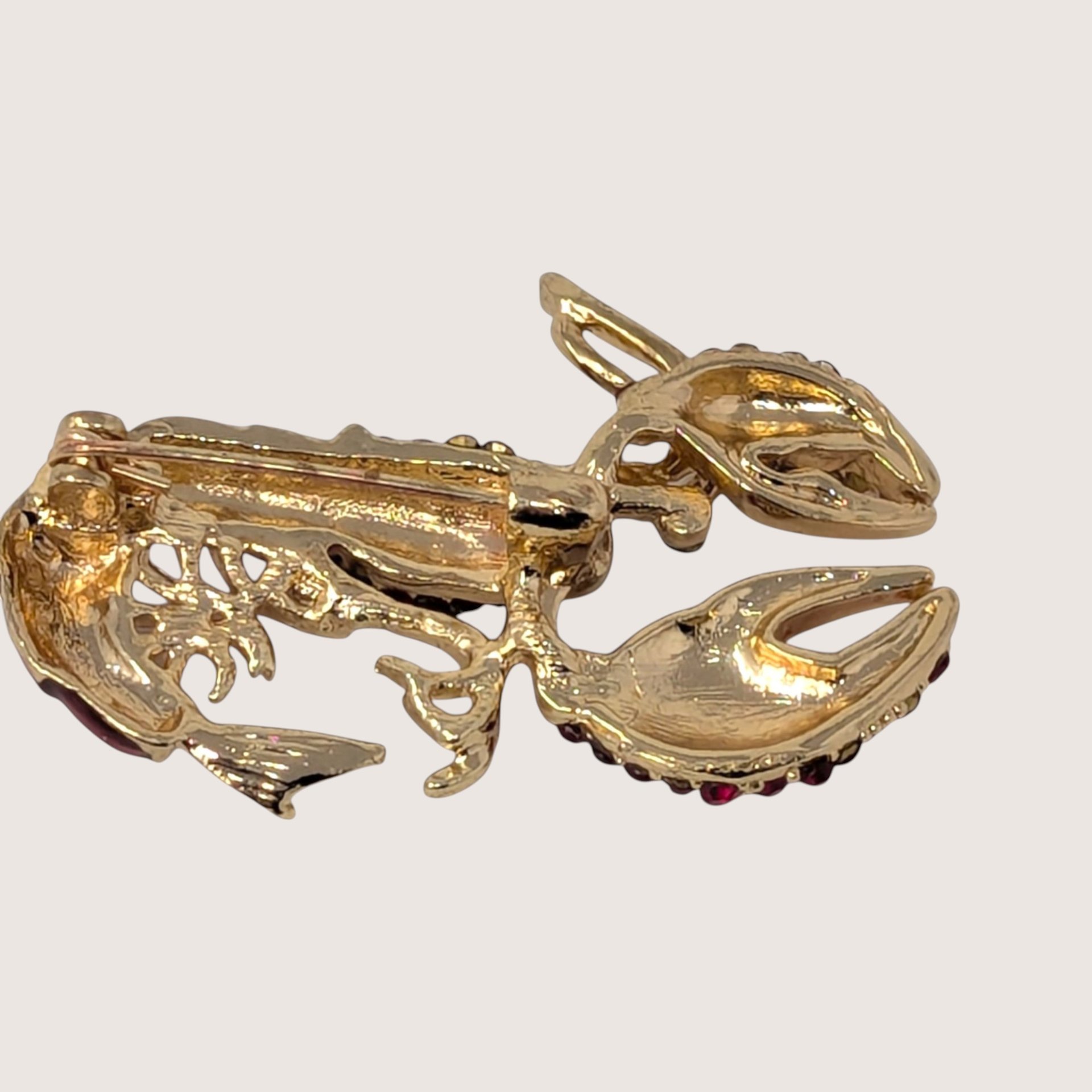1980s Red Rhinestone Lobster Brooch Gold Tone Nautical Figural Pin