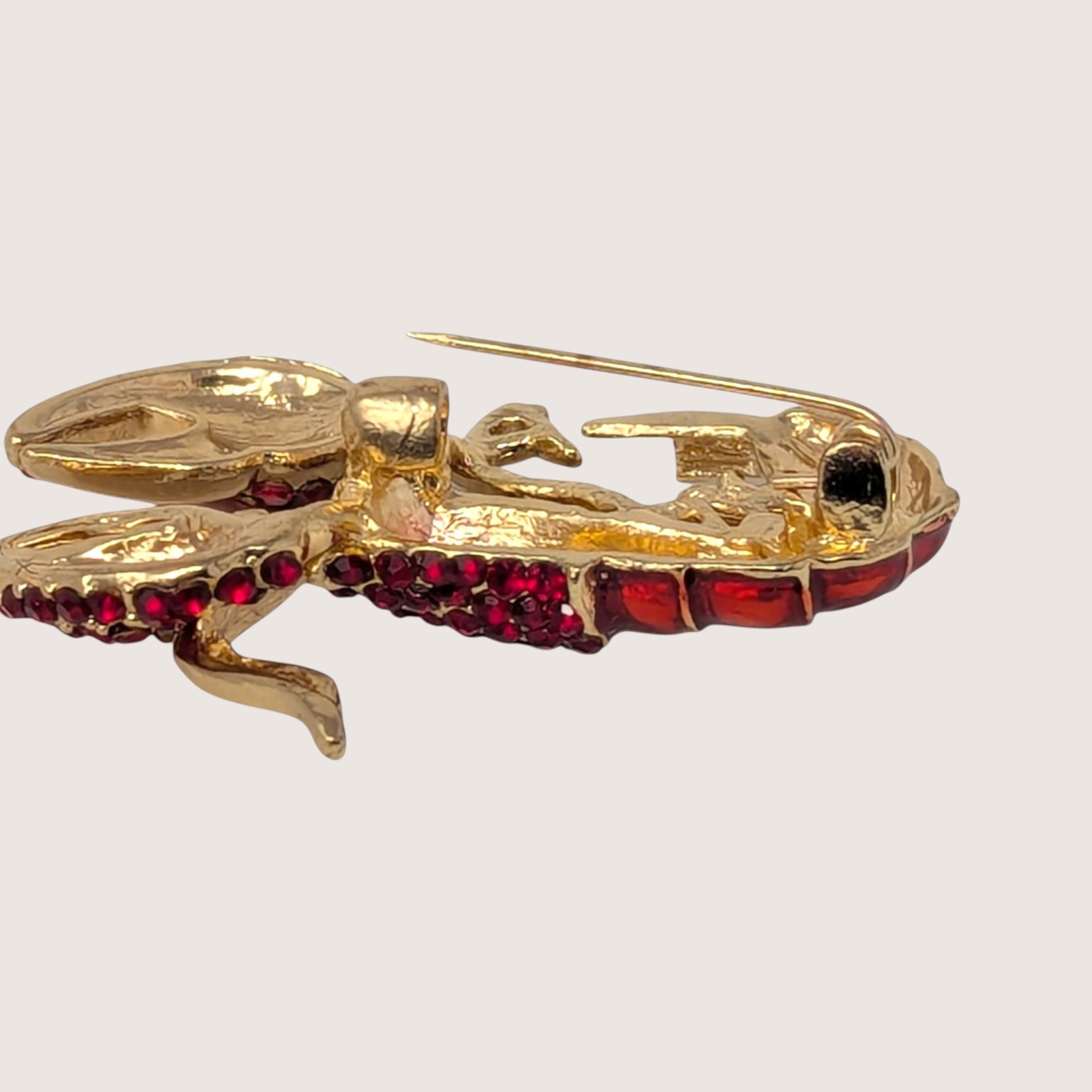 1980s Red Rhinestone Lobster Brooch Gold Tone Nautical Figural Pin