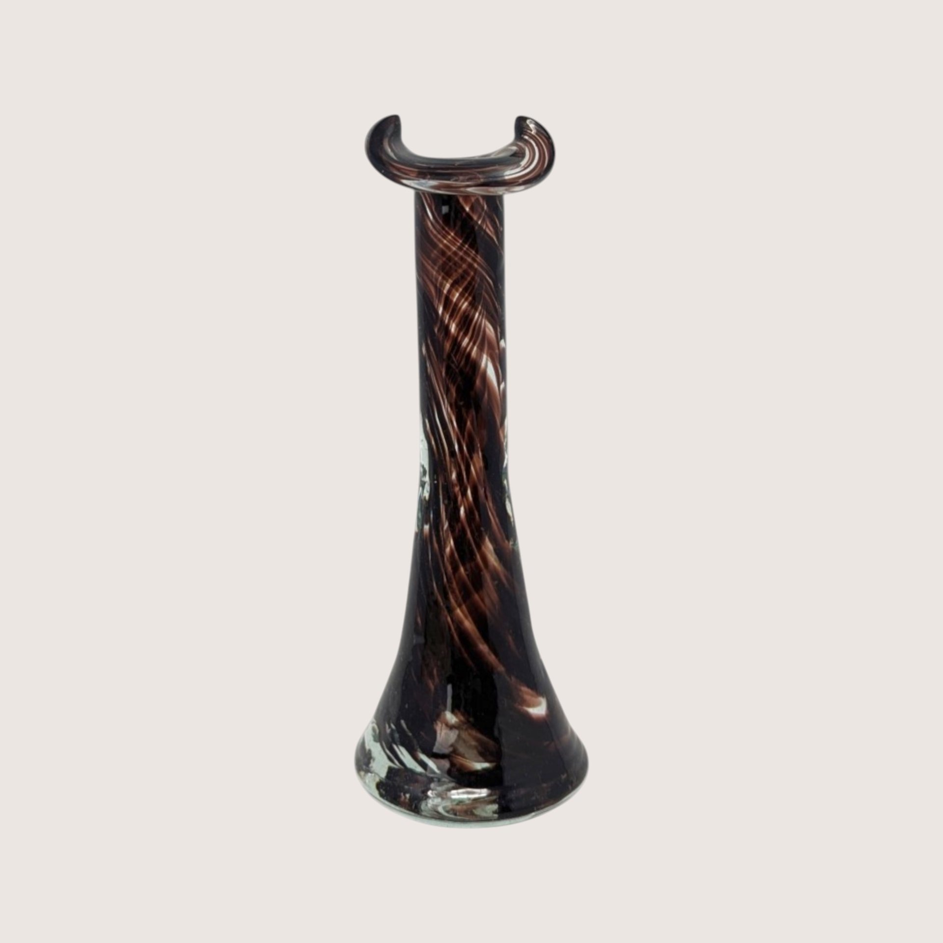 1970s Murano Style Brown Swirl Art Glass Bud Vase with Bicorn Rim