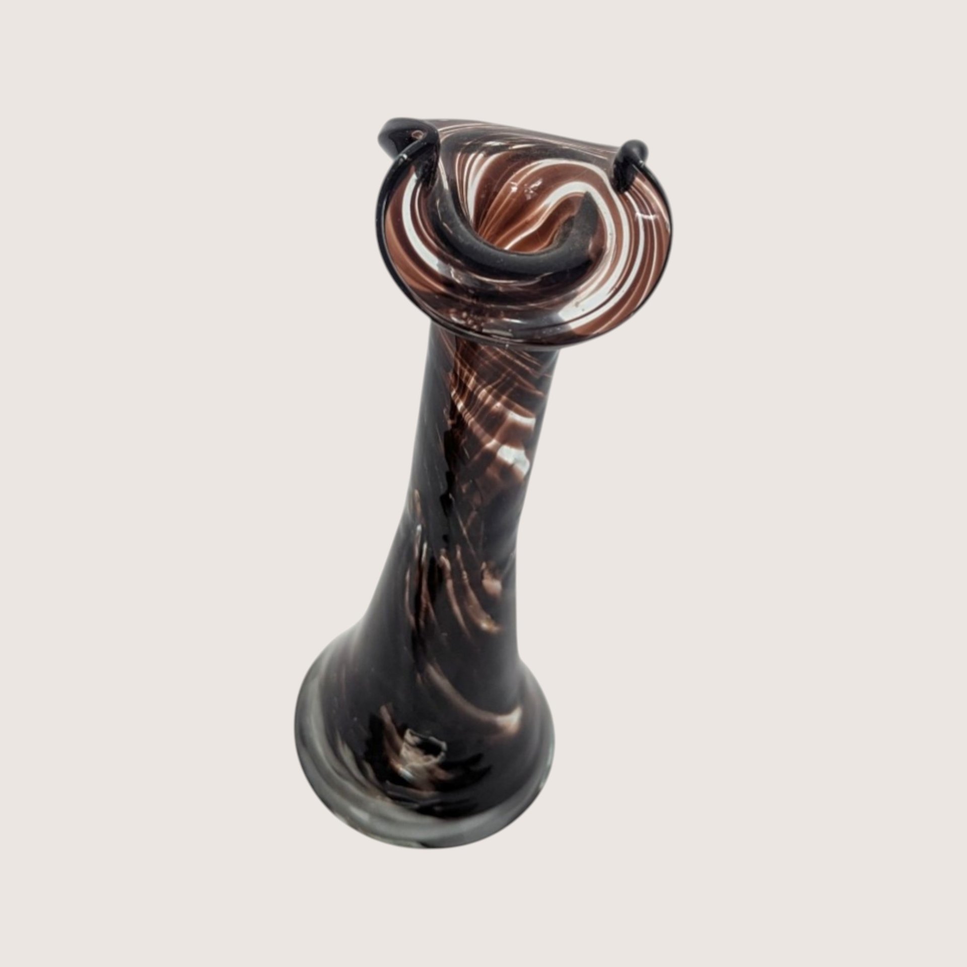 1970s Murano Style Brown Swirl Art Glass Bud Vase with Bicorn Rim