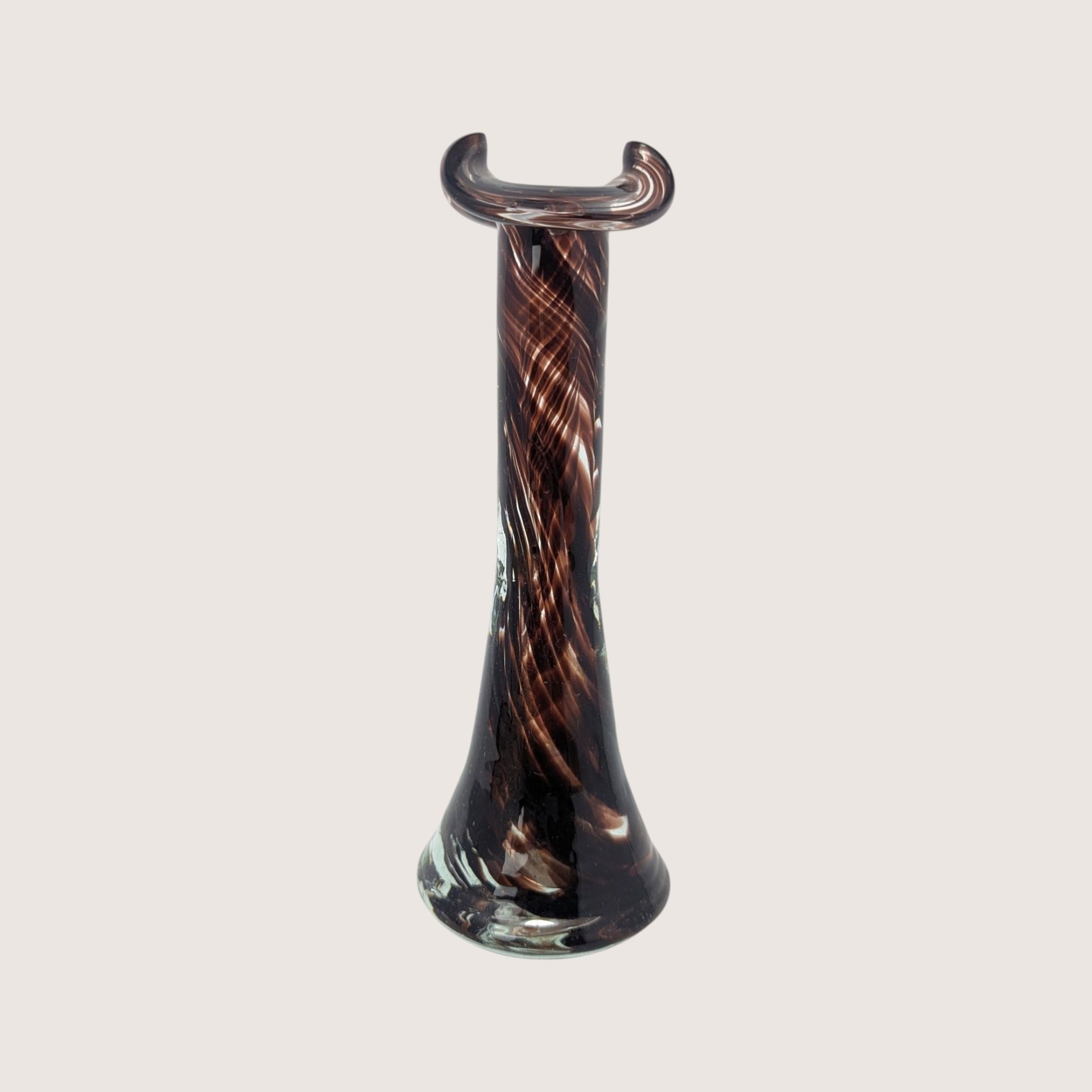 1970s Murano Style Brown Swirl Art Glass Bud Vase with Bicorn Rim