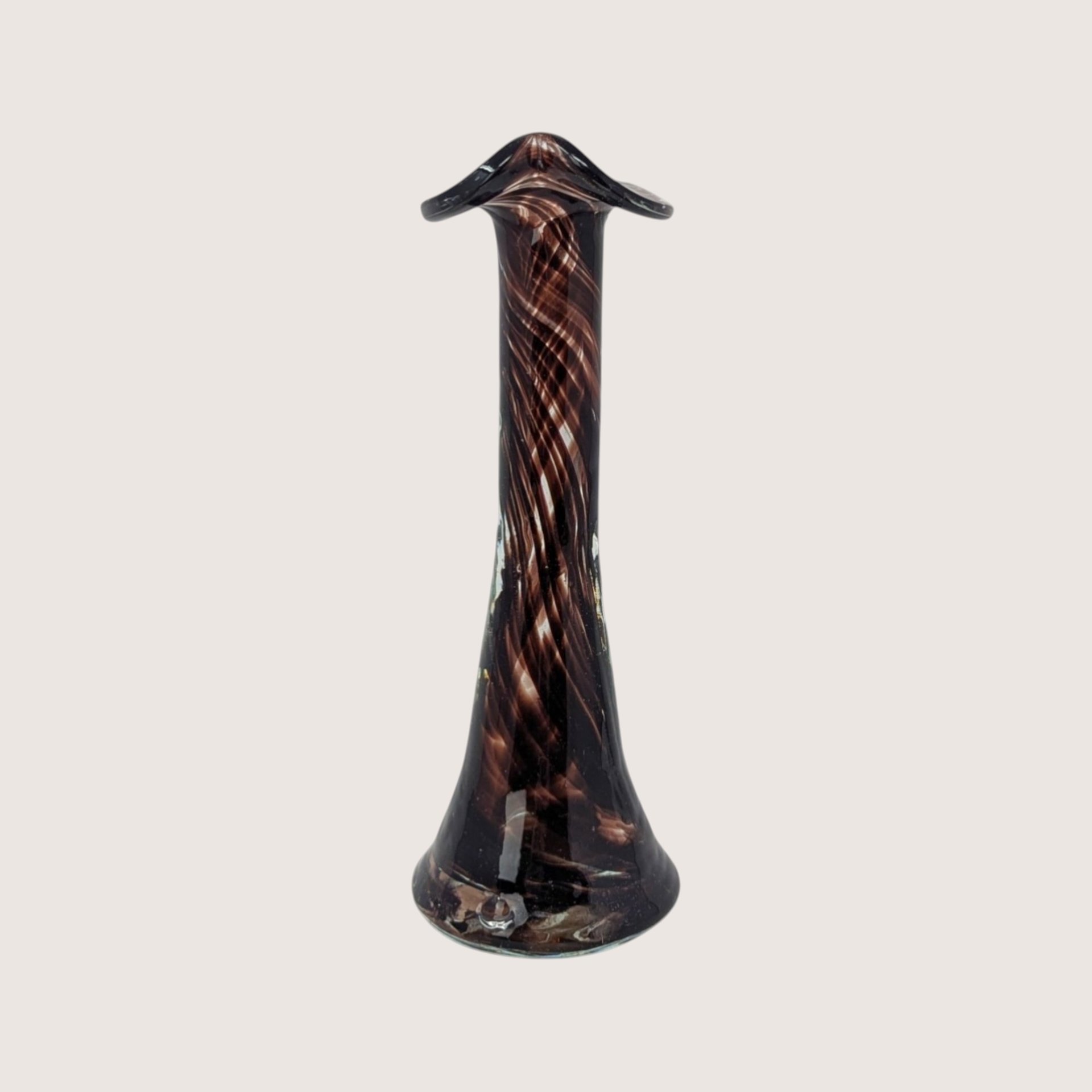 1970s Murano Style Brown Swirl Art Glass Bud Vase with Bicorn Rim