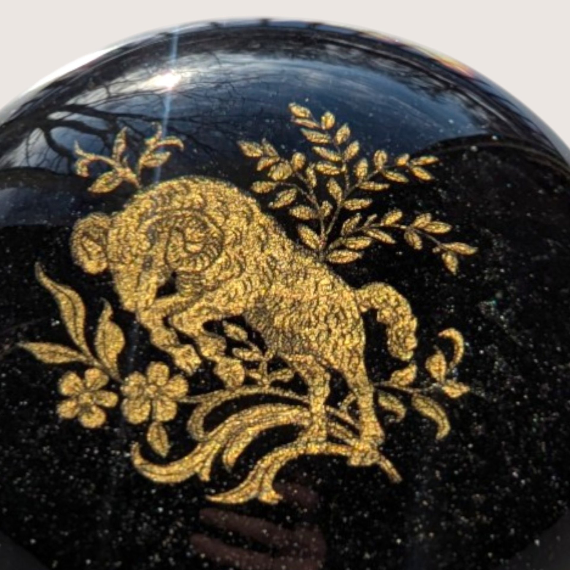 Vintage Chokin Style Gold Ram Lacquerware Glass Dome Paperweight