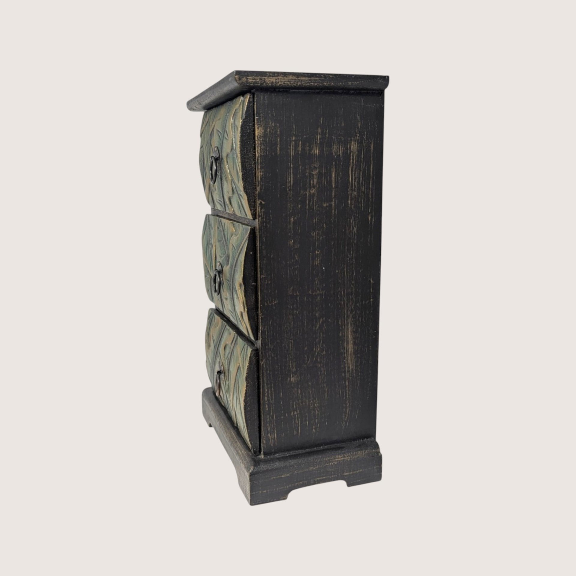 1980s Wooden Carved Leaf 3 Drawer Mini Chest