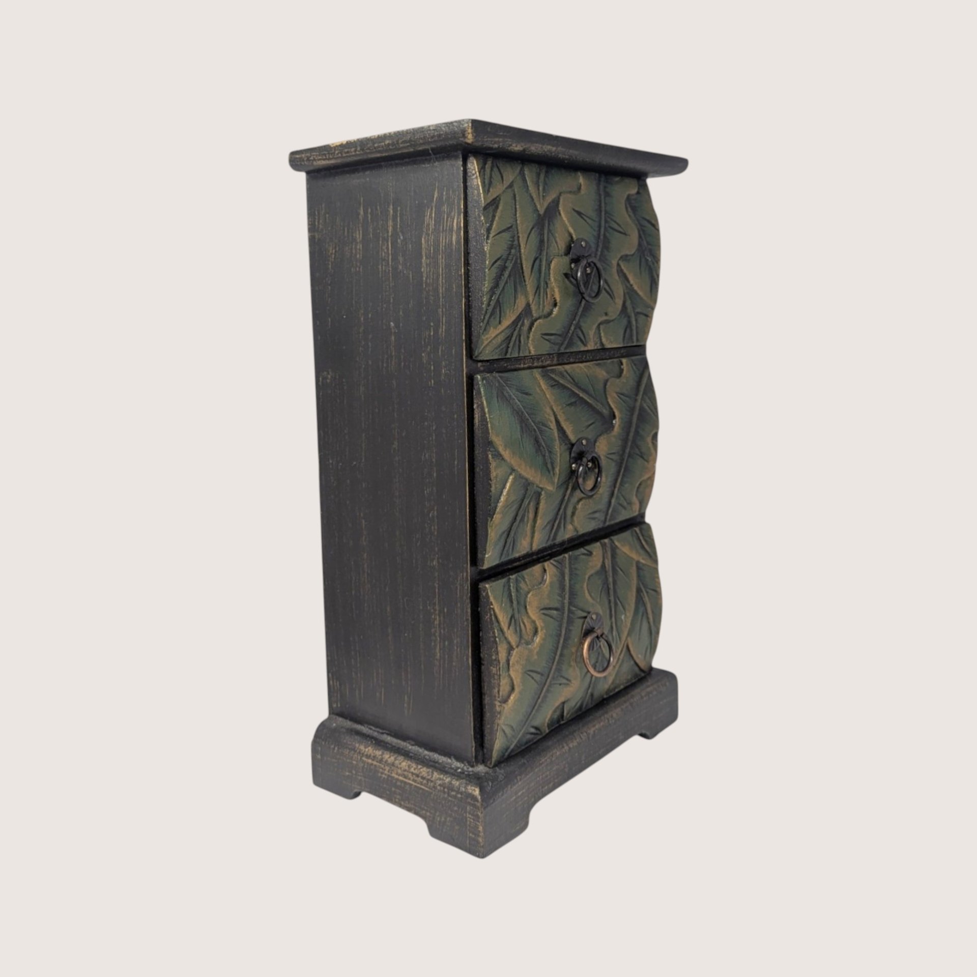 1980s Wooden Carved Leaf 3 Drawer Mini Chest