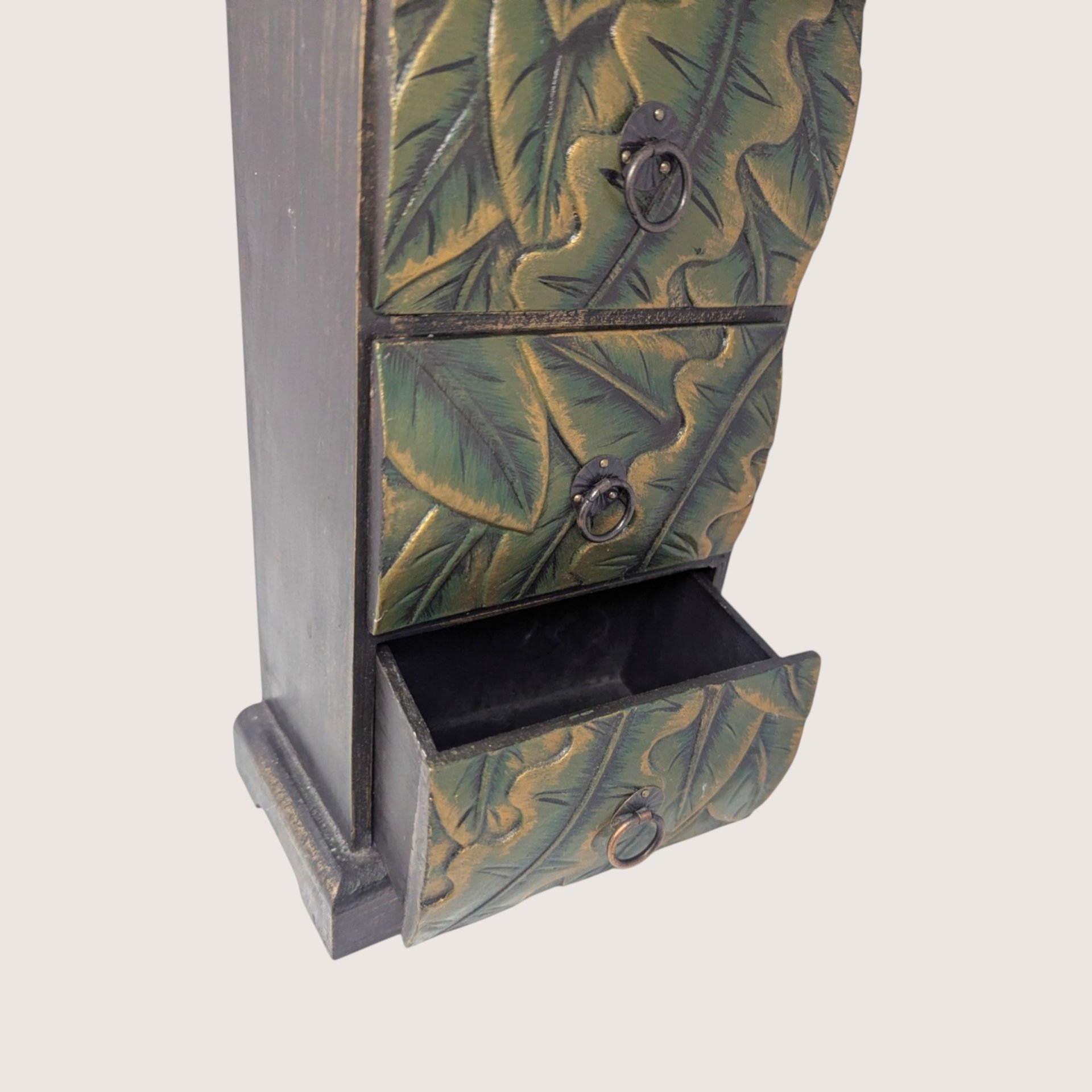 1980s Wooden Carved Leaf 3 Drawer Mini Chest