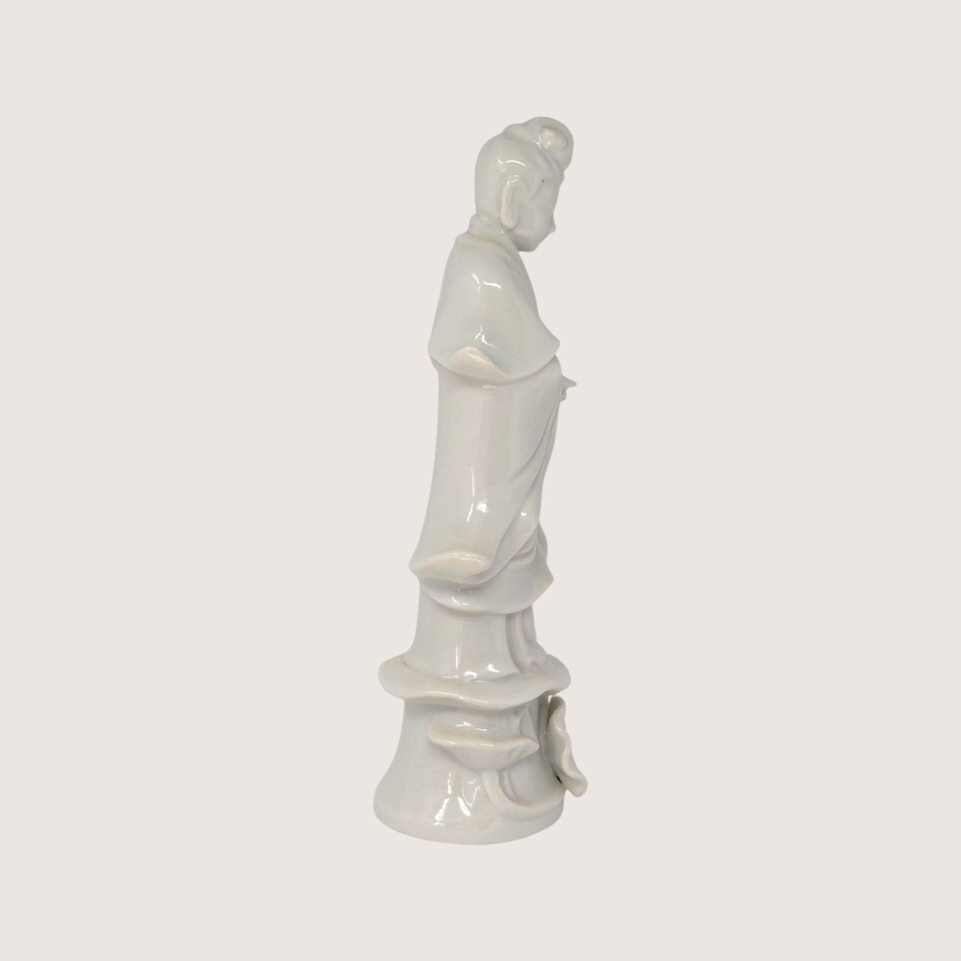 1970s Porcelain Guan Yin Statue Lotus Base Blanc De Chine Figurine
