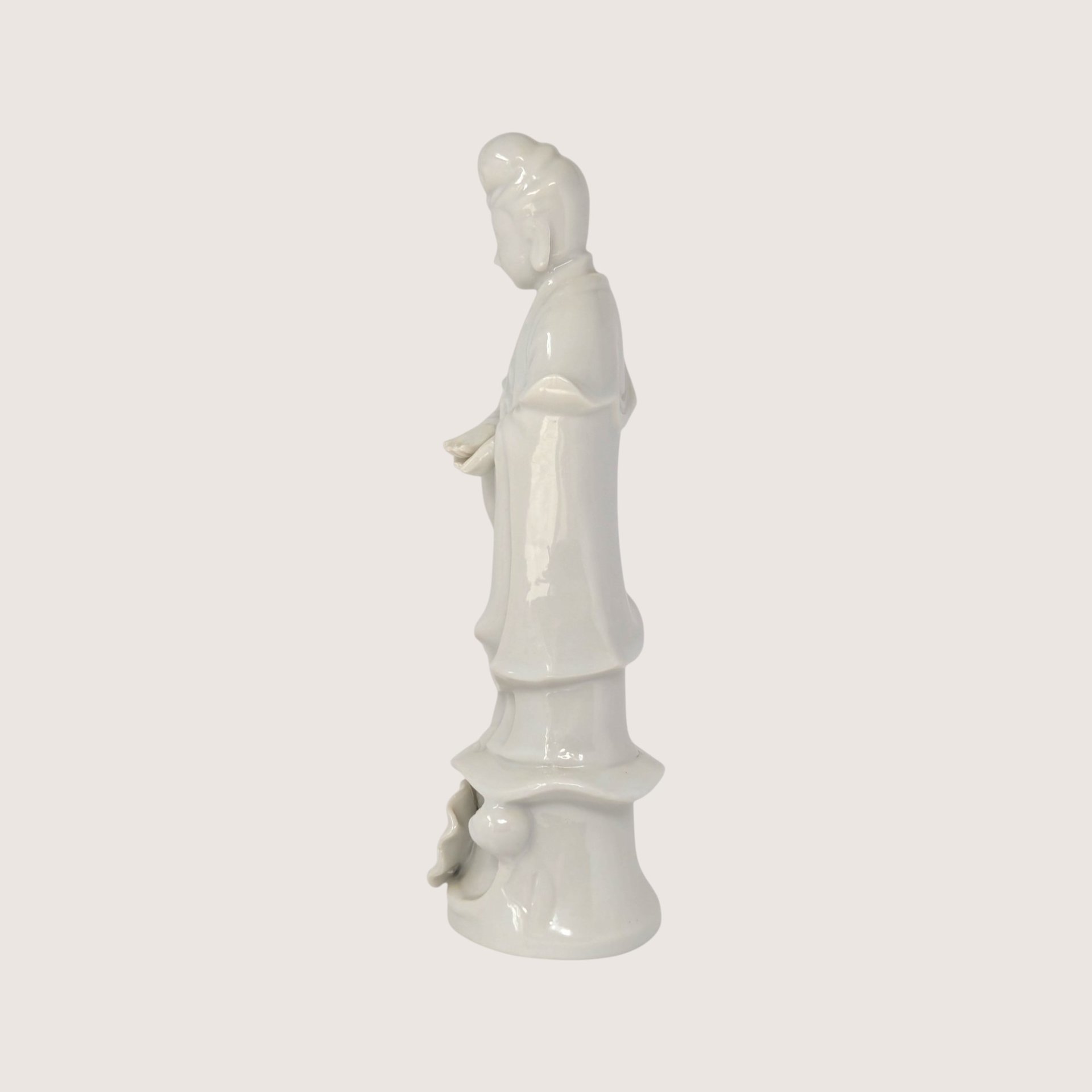 1970s Porcelain Guan Yin Statue Lotus Base Blanc De Chine Figurine