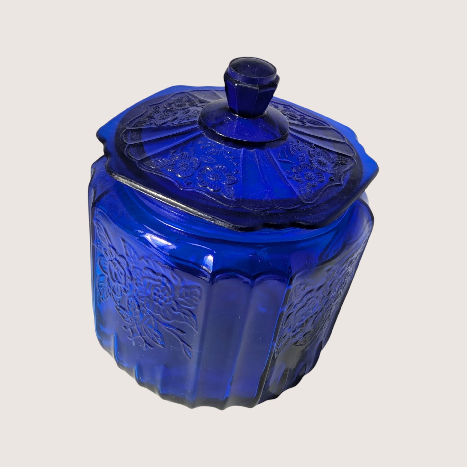 1980s Cobalt Blue Glass Cookie Jar
