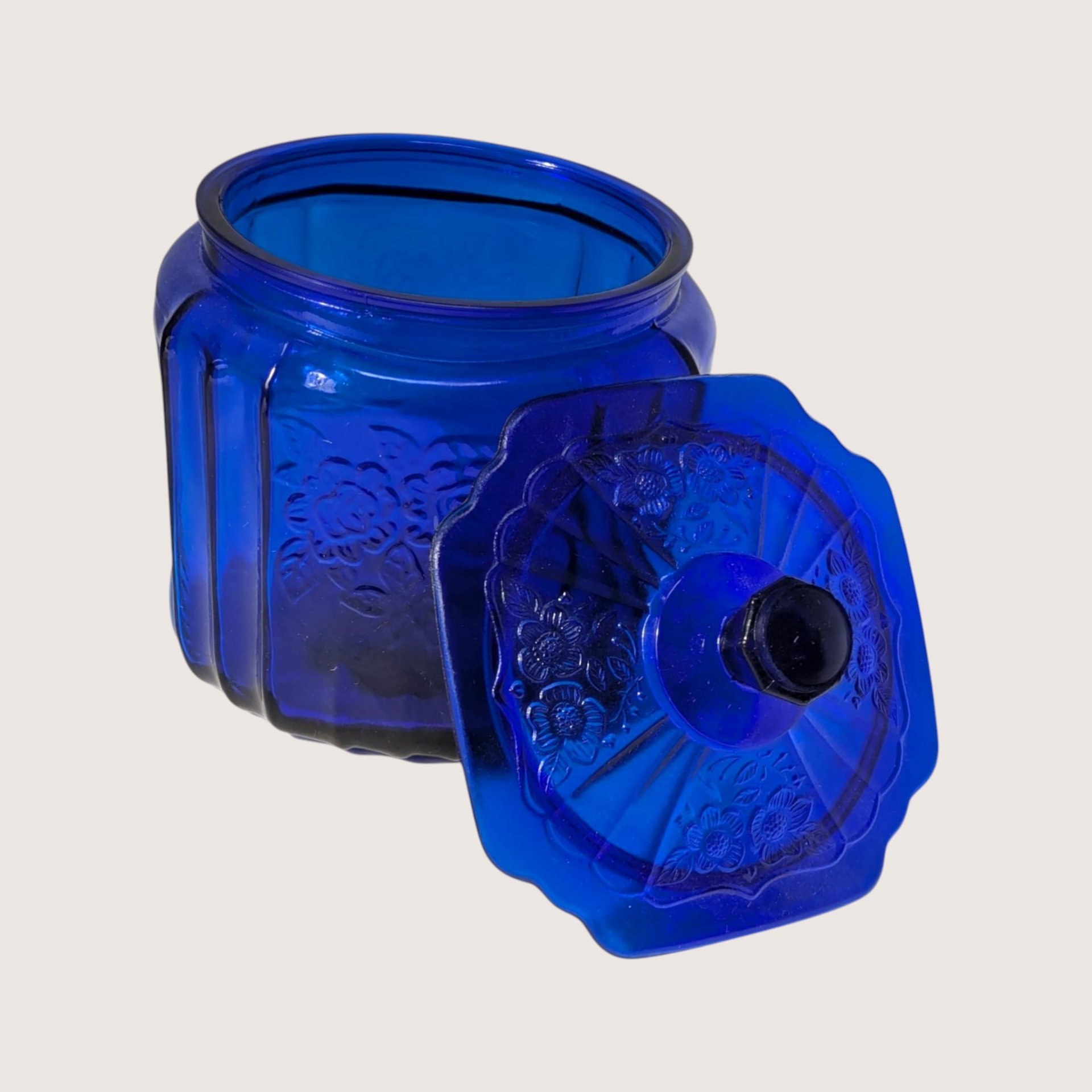 1980s Cobalt Blue Glass Cookie Jar