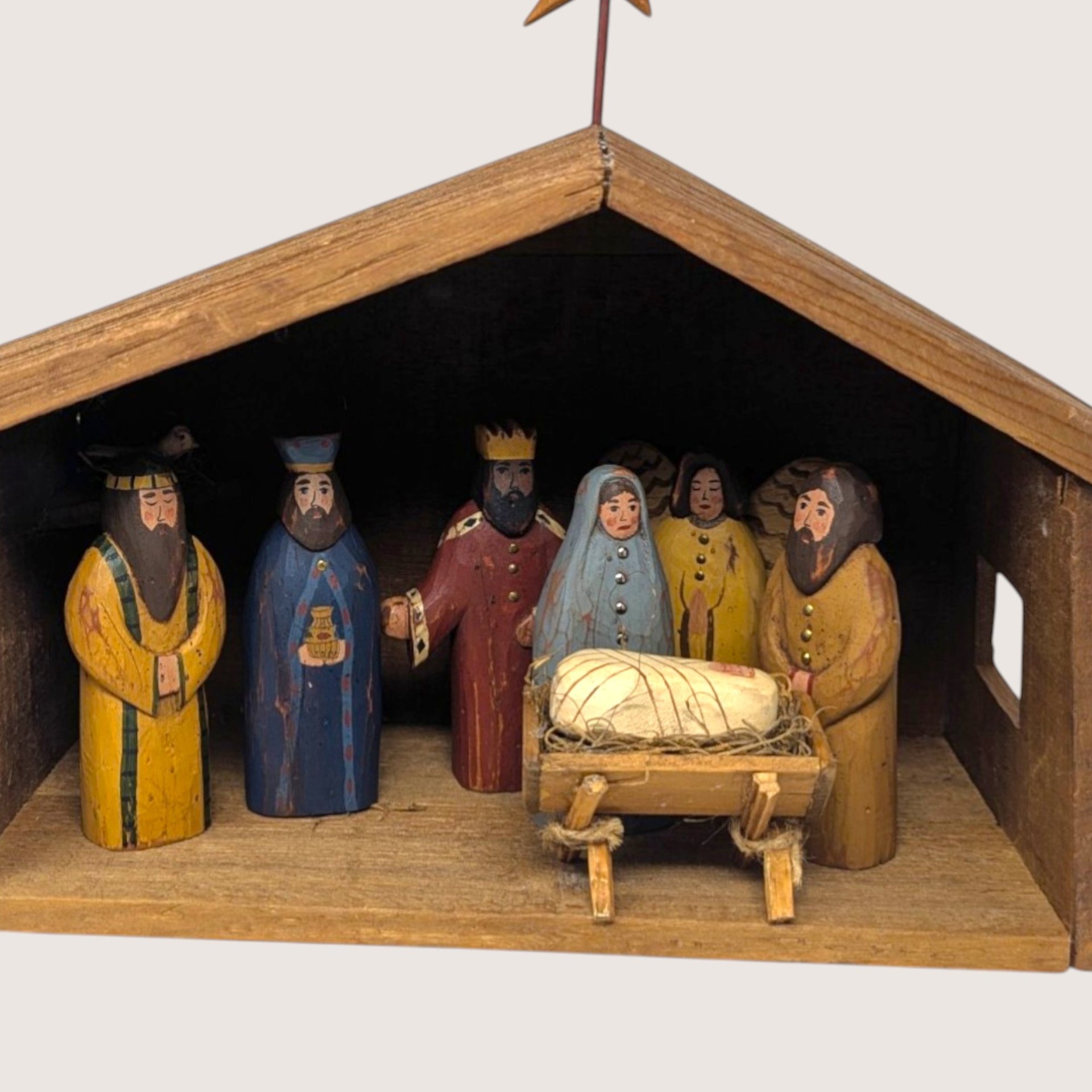 Vintage Handmade Wooden Nativity Folk Art Christmas Set