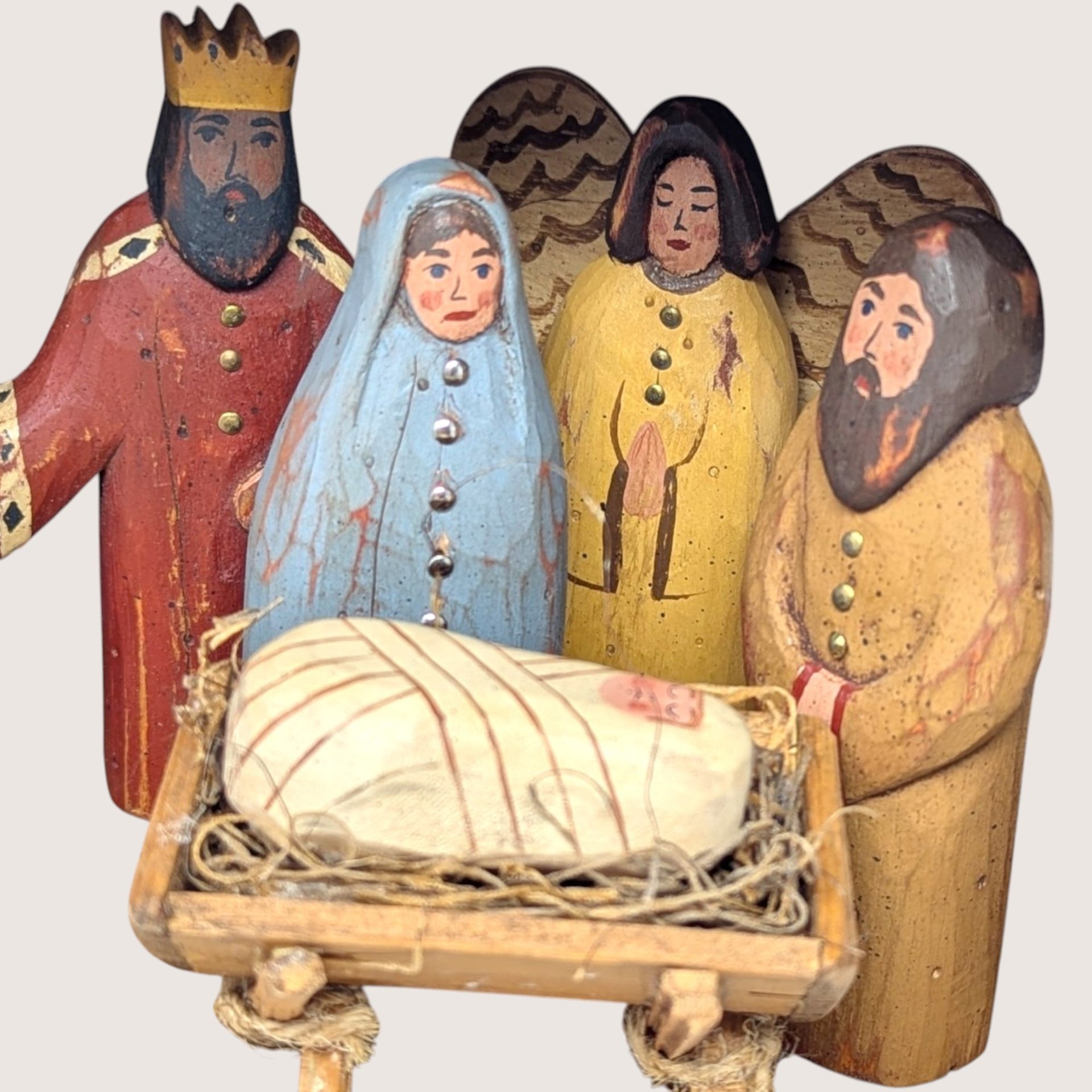 Vintage Handmade Wooden Nativity Folk Art Christmas Set