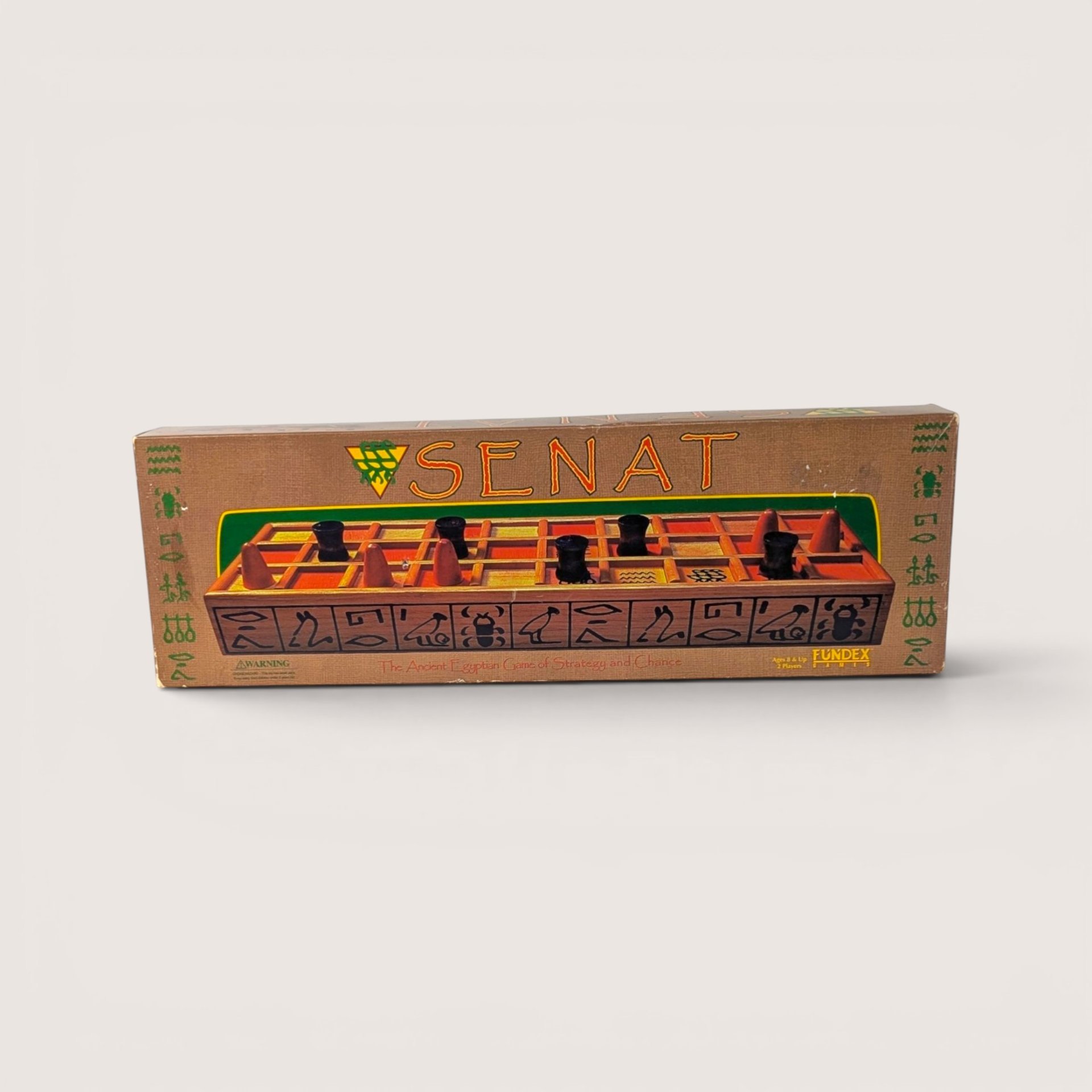 Vintage 1999 Fundex Senat ancient Egyptian strategy board game box in tan with hieroglyphics and game photo.