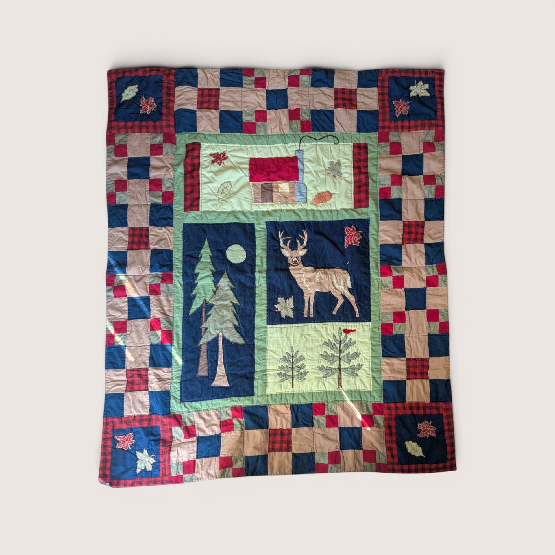 1990s Vintage Handmade Patchwork Deer Cabin Quilt