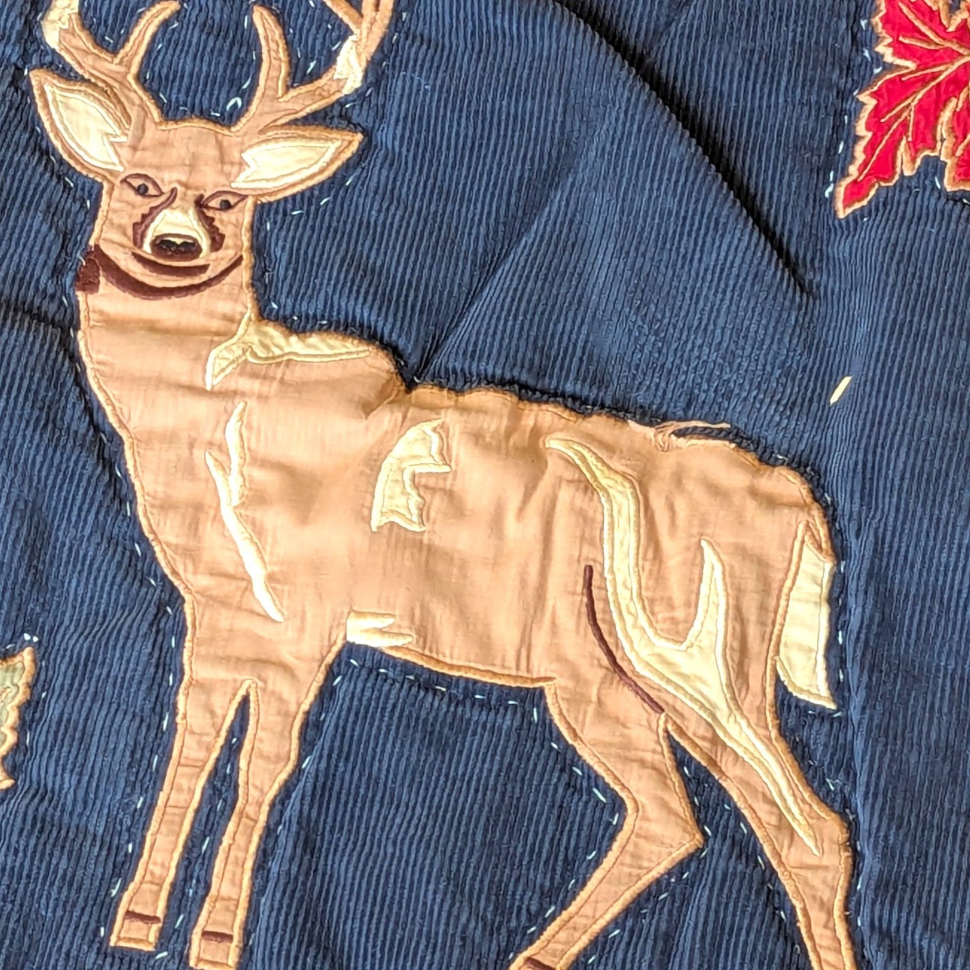 1990s Vintage Handmade Patchwork Deer Cabin Quilt