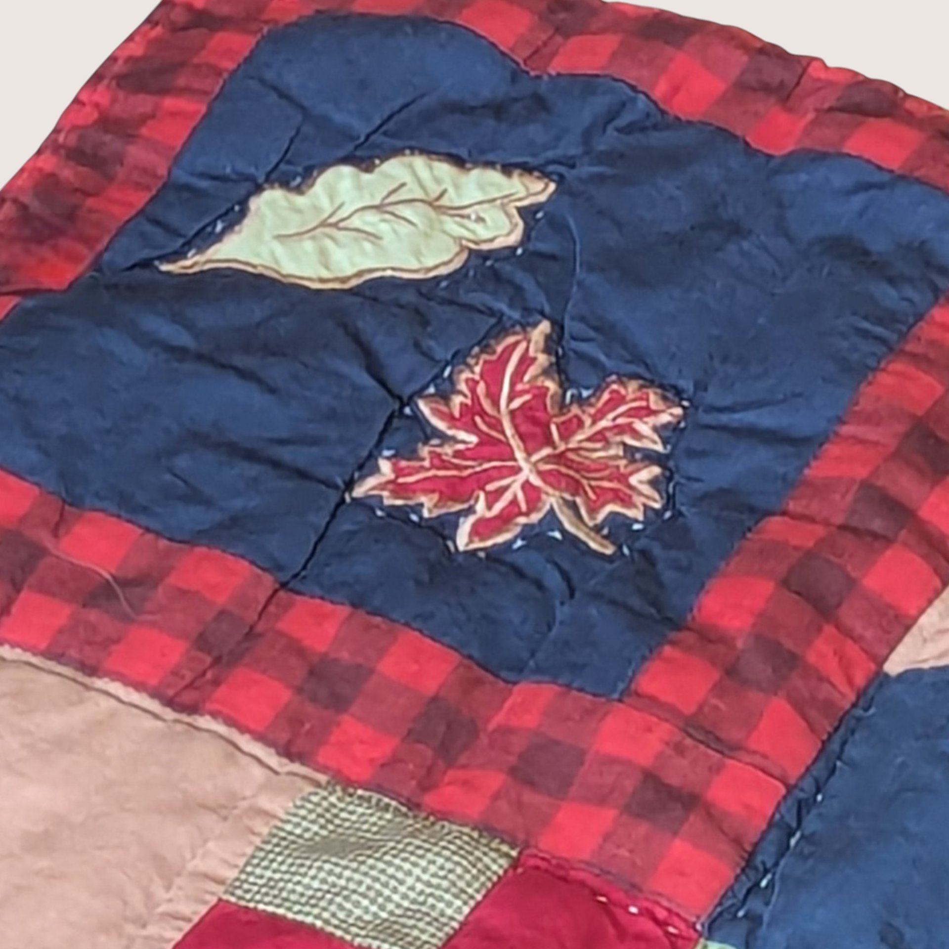 1990s Vintage Handmade Patchwork Deer Cabin Quilt