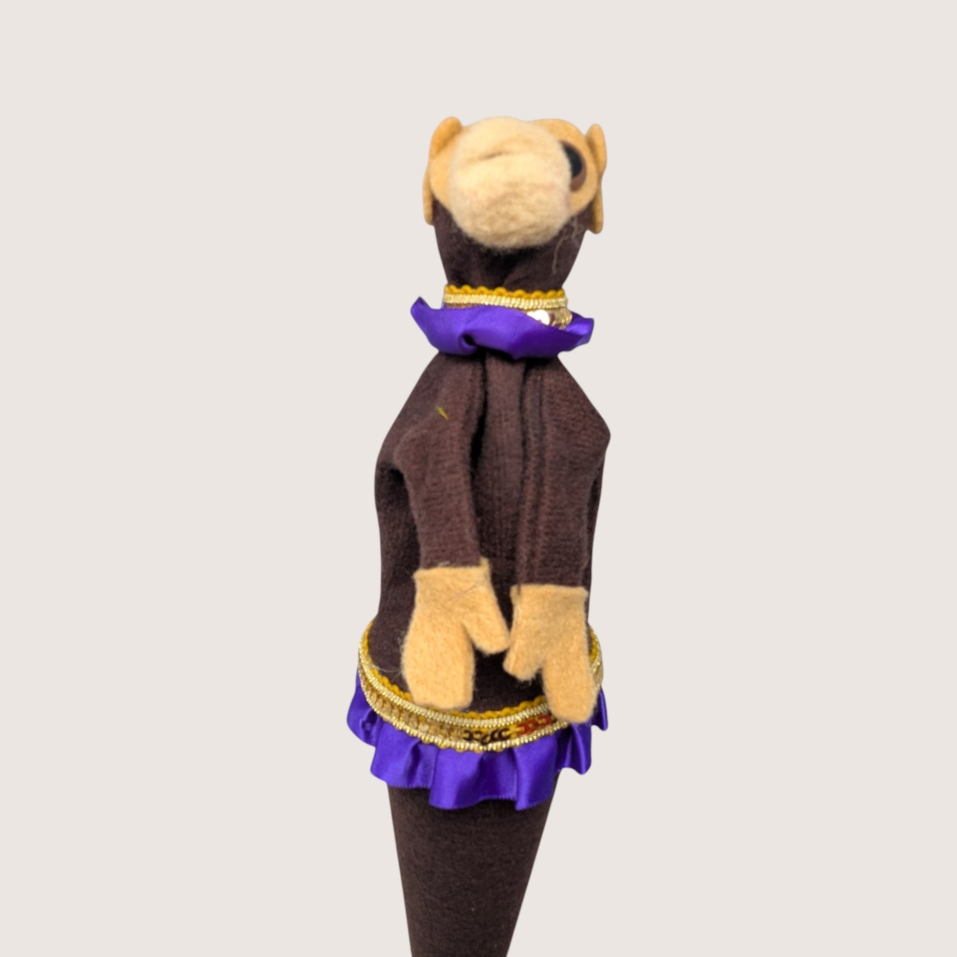 1970s Handmade Felt Monkey Stick Puppet Vintage Folk Art