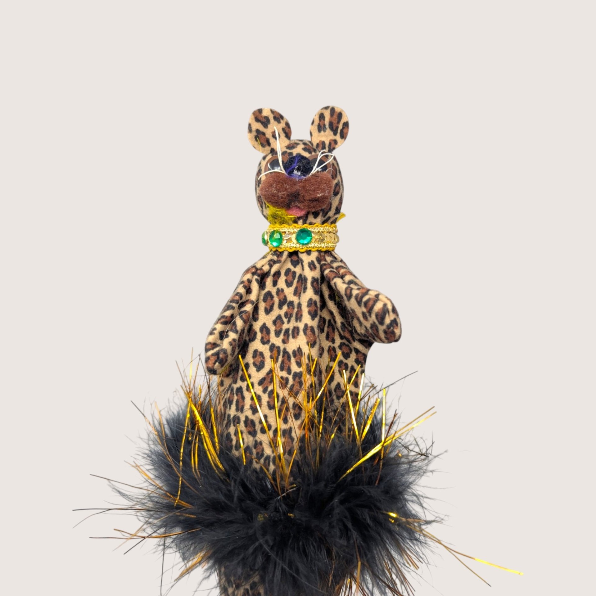 1970s Handmade Felt Leopard Stick Puppet Vintage Folk Art