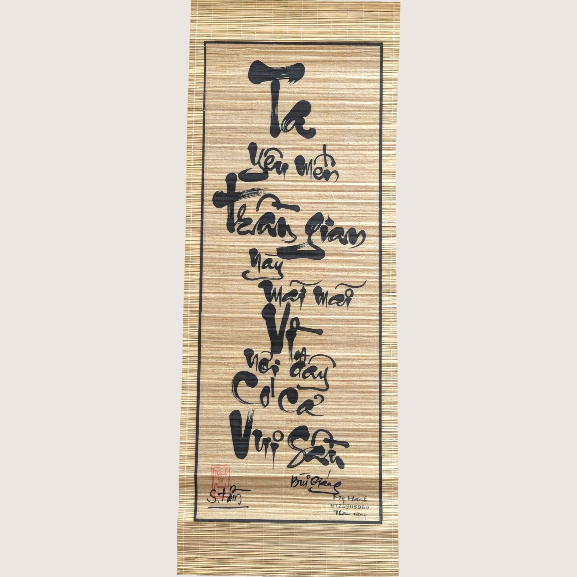 Vintage Vietnamese Bamboo Scroll Set Calligraphy Wall Art
