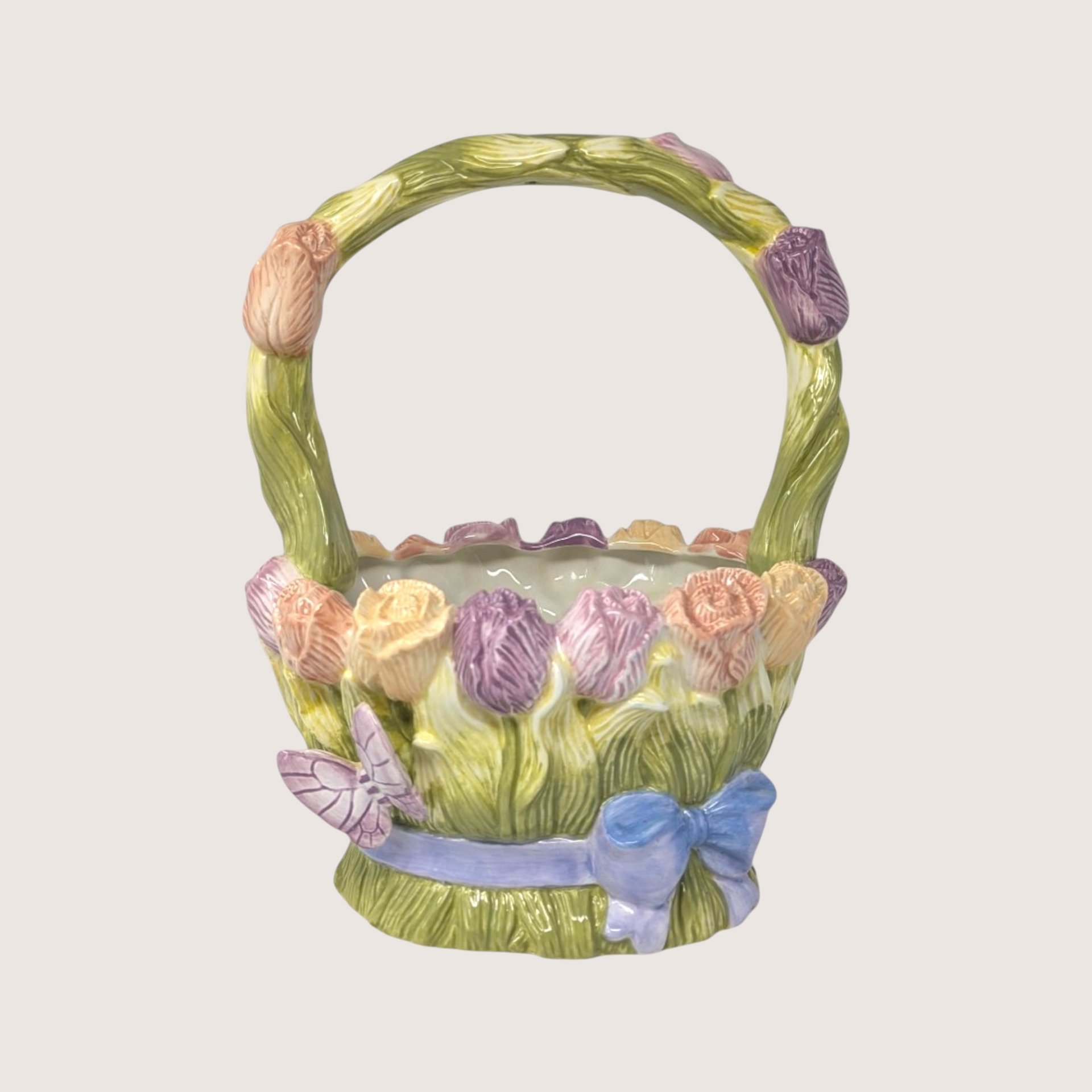 Vintage Silvestri Floral and Butterfly Ceramic Basket Planter