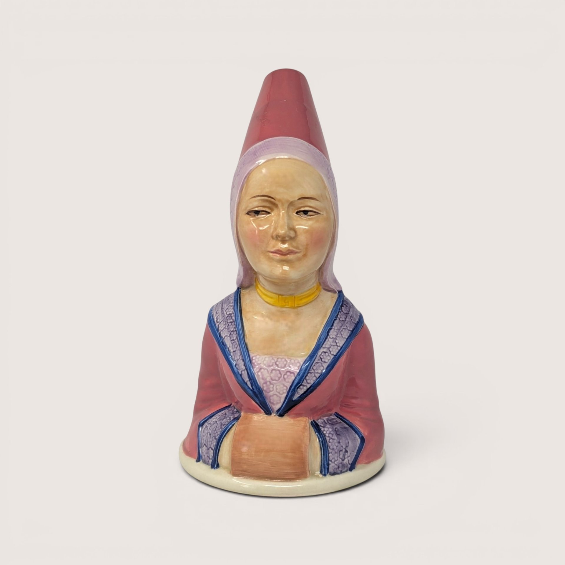 Vintage 1983 Royal Cornwall ceramic Queen Guinevere Toby bell featuring a lady in a tall pink conical headdress.
