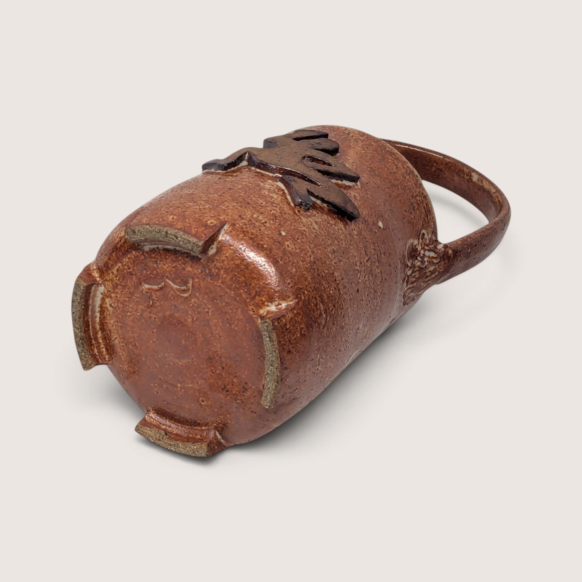 Vintage Handmade Stoneware Pottery Basket with Frog Motif