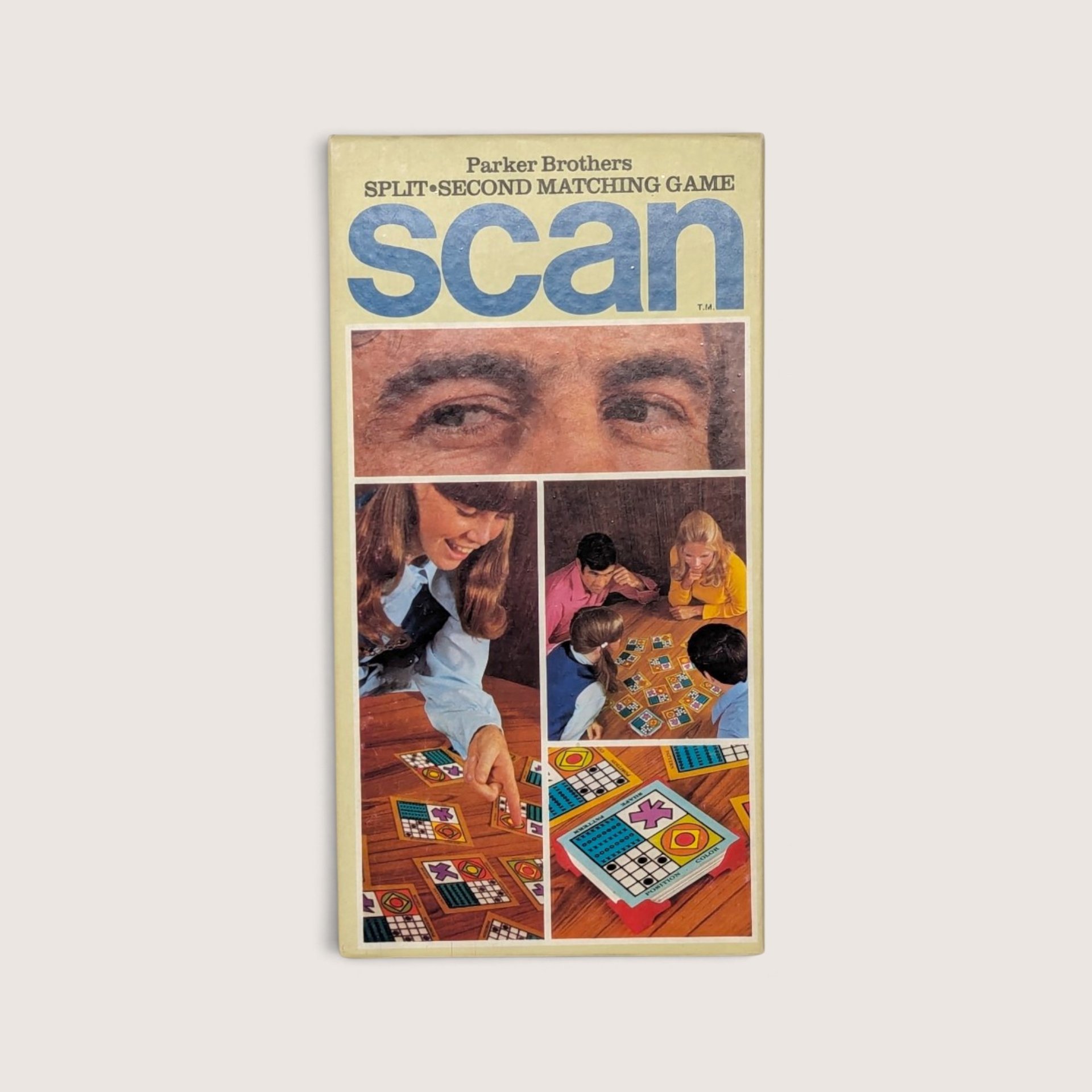 Vintage 1970 Scan split-second matching game box by Parker Brothers featuring photo graphics of people playing.